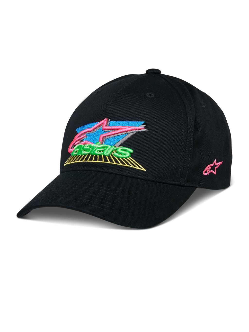 Alpinestars Vivid Hat, czarna czapka z daszkiem, kolorowy haft 3D z jaskrawymi różowymi, niebieskimi, zielonymi i żółtymi akcentami, zakrzywiony daszek, streetwear inspirowany sportami motorowymi