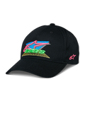 Alpinestars Vivid Hat, czarna czapka z daszkiem, kolorowy haft 3D z jaskrawymi różowymi, niebieskimi, zielonymi i żółtymi akcentami, zakrzywiony daszek, streetwear inspirowany sportami motorowymi