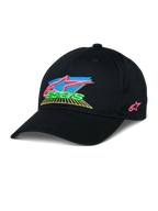 Alpinestars Vivid Hat, czarna czapka z daszkiem, kolorowy haft 3D z jaskrawymi różowymi, niebieskimi, zielonymi i żółtymi akcentami, zakrzywiony daszek, streetwear inspirowany sportami motorowymi