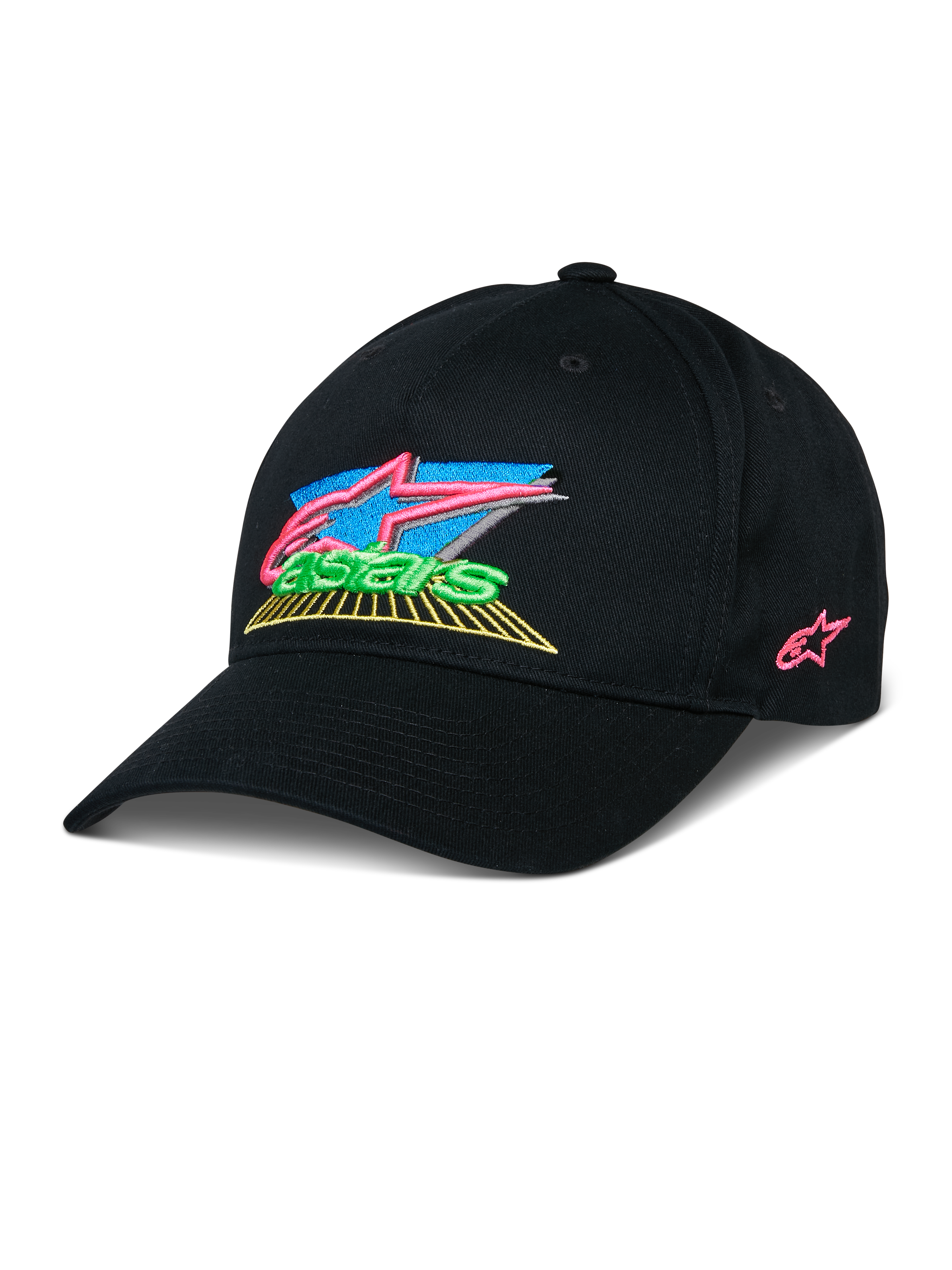 Alpinestars Vivid Hat, czarna czapka z daszkiem, kolorowy haft 3D z jaskrawymi różowymi, niebieskimi, zielonymi i żółtymi akcentami, zakrzywiony daszek, streetwear inspirowany sportami motorowymi