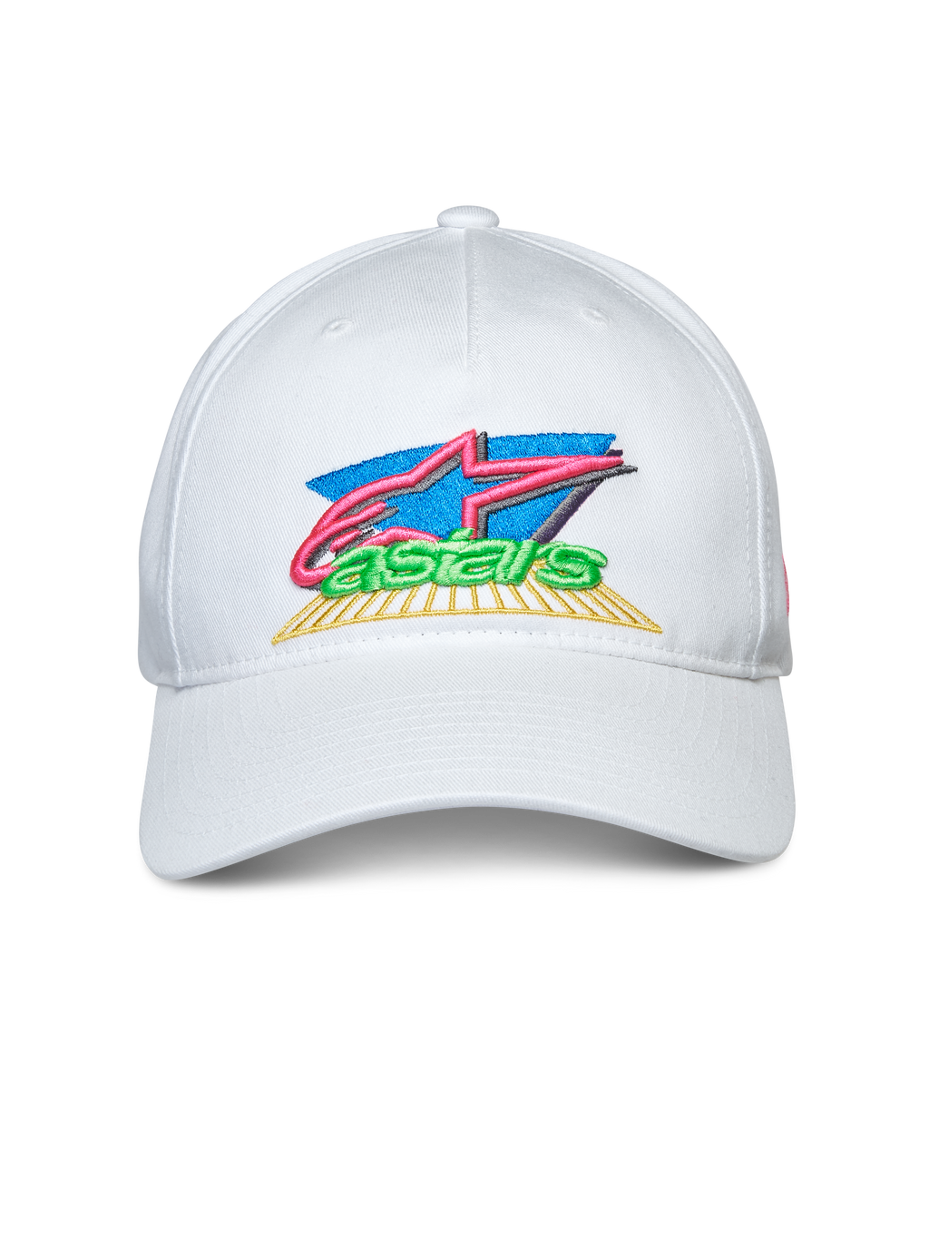 Alpinestars Vivid Hat, biała czapka z daszkiem typu snapback, zakrzywiony daszek, kolorowy haft 3D i płaskie logo z przodu, sportowa odzież codzienna