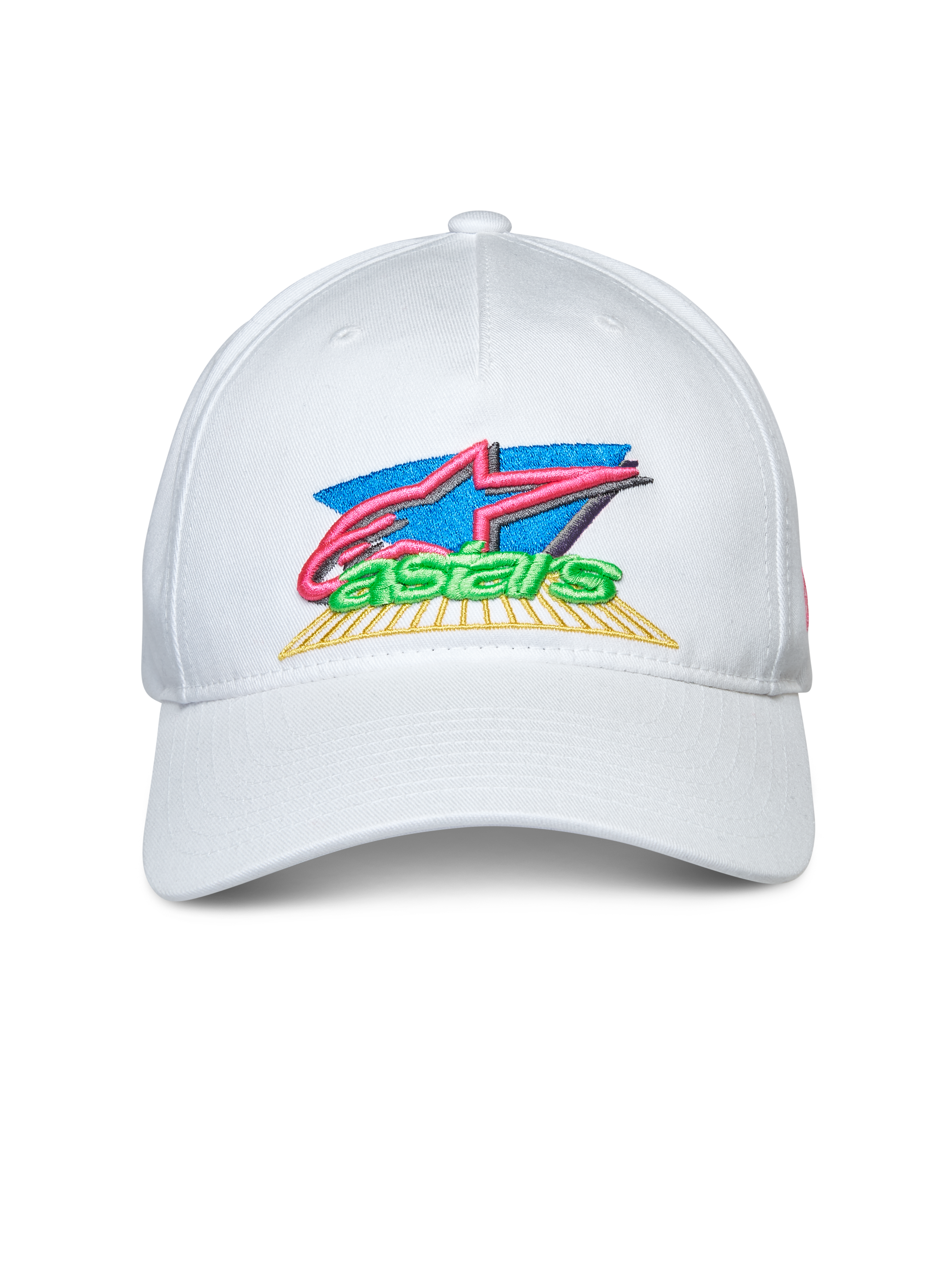 Alpinestars Vivid Hat, biała czapka z daszkiem typu snapback, zakrzywiony daszek, kolorowy haft 3D i płaskie logo z przodu, sportowa odzież codzienna