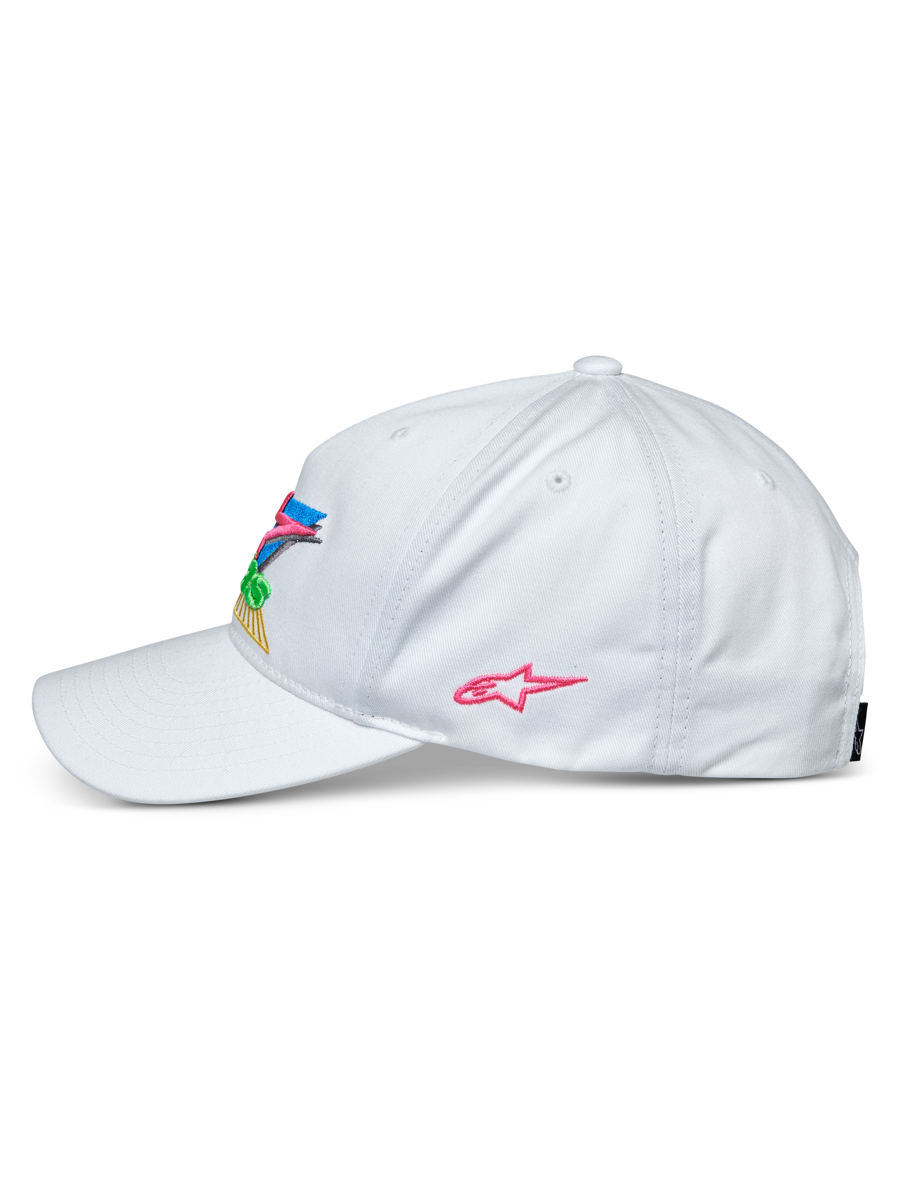 Alpinestars Vivid Hat, biała czapka z daszkiem, widok z boku, zakrzywiony daszek i półstrukturalna niska korona, kolorowy haft 3D z przodu i różowe logo gwiazdy z boku, sportowe nakrycie głowy