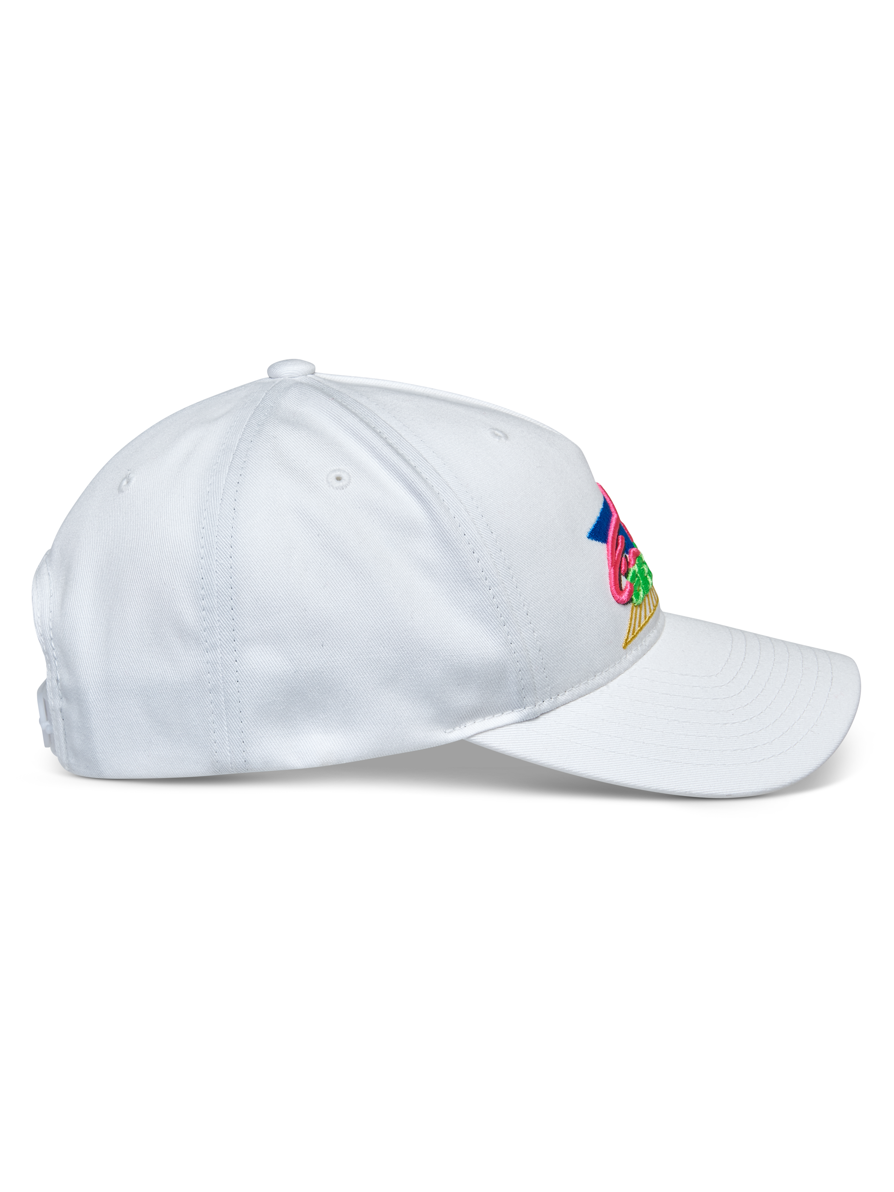 Alpinestars Vivid Hat, biała czapka z daszkiem, widok z boku, niskoprofilowa bejsbolówka z zakrzywionym daszkiem, bawełniana tkanina twill, wielokolorowy haft z przodu, sportowe nakrycie głowy