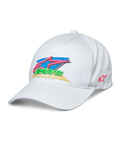 Alpinestars Vivid Hat, biała czapka bejsbolówka, kolorowe haftowane logo Astars 3D w kolorach różowym, niebieskim, zielonym i żółtym, zakrzywiony daszek, półstrukturalna niska korona, sportowa odzież casual