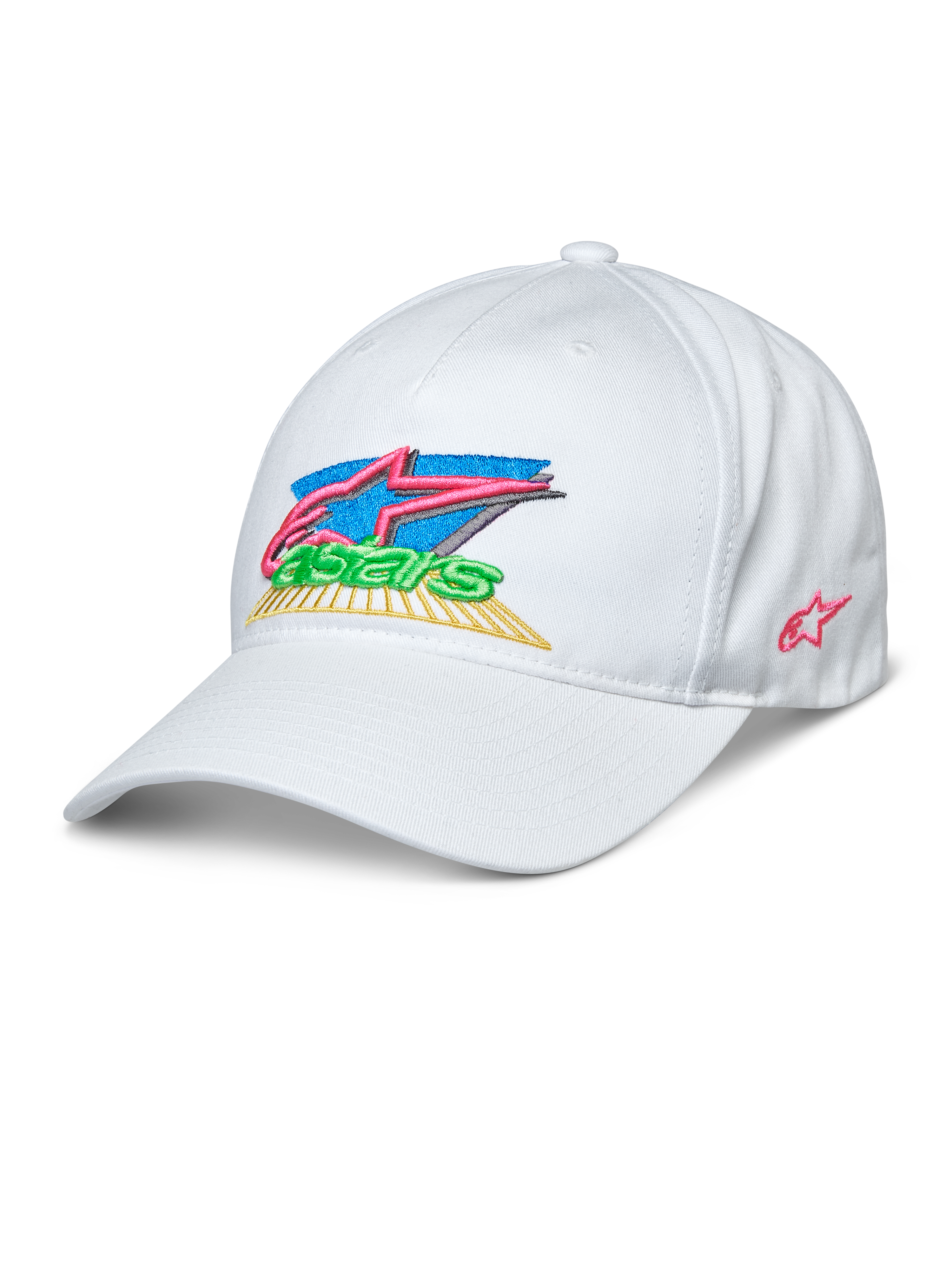 Alpinestars Vivid Hat, biała czapka bejsbolówka, kolorowe haftowane logo Astars 3D w kolorach różowym, niebieskim, zielonym i żółtym, zakrzywiony daszek, półstrukturalna niska korona, sportowa odzież casual