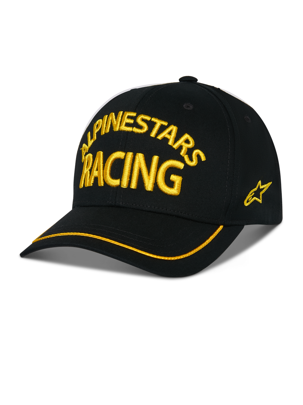 Alpinestars Luminary Hat, czarna czapka z daszkiem, żółty haft 3D ALPINESTARS RACING, zakrzywiony daszek z żółtą lamówką, logo z gwiazdą z boku, casualowa odzież uliczna w stylu motorsport