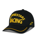 Alpinestars Luminary Hat, czarna czapka z daszkiem, żółty haft 3D ALPINESTARS RACING, zakrzywiony daszek z żółtą lamówką, logo z gwiazdą z boku, casualowa odzież uliczna w stylu motorsport