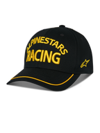 Alpinestars Luminary Hat, czarna czapka z daszkiem, żółty haft 3D ALPINESTARS RACING, zakrzywiony daszek z żółtą lamówką, logo z gwiazdą z boku, casualowa odzież uliczna w stylu motorsport