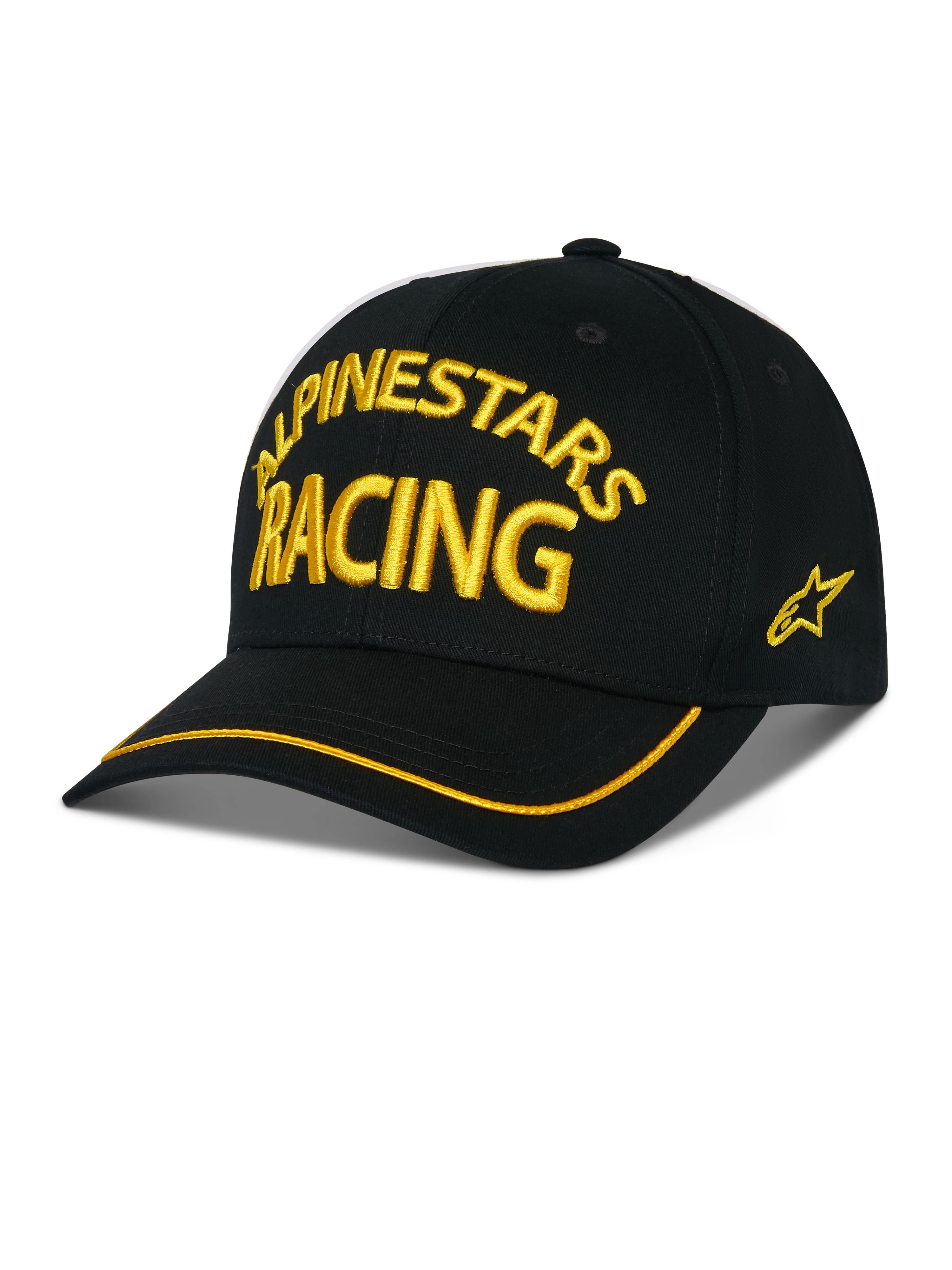 Alpinestars Luminary Hat, czarna czapka z daszkiem, żółty haft 3D ALPINESTARS RACING, zakrzywiony daszek z żółtą lamówką, logo z gwiazdą z boku, casualowa odzież uliczna w stylu motorsport