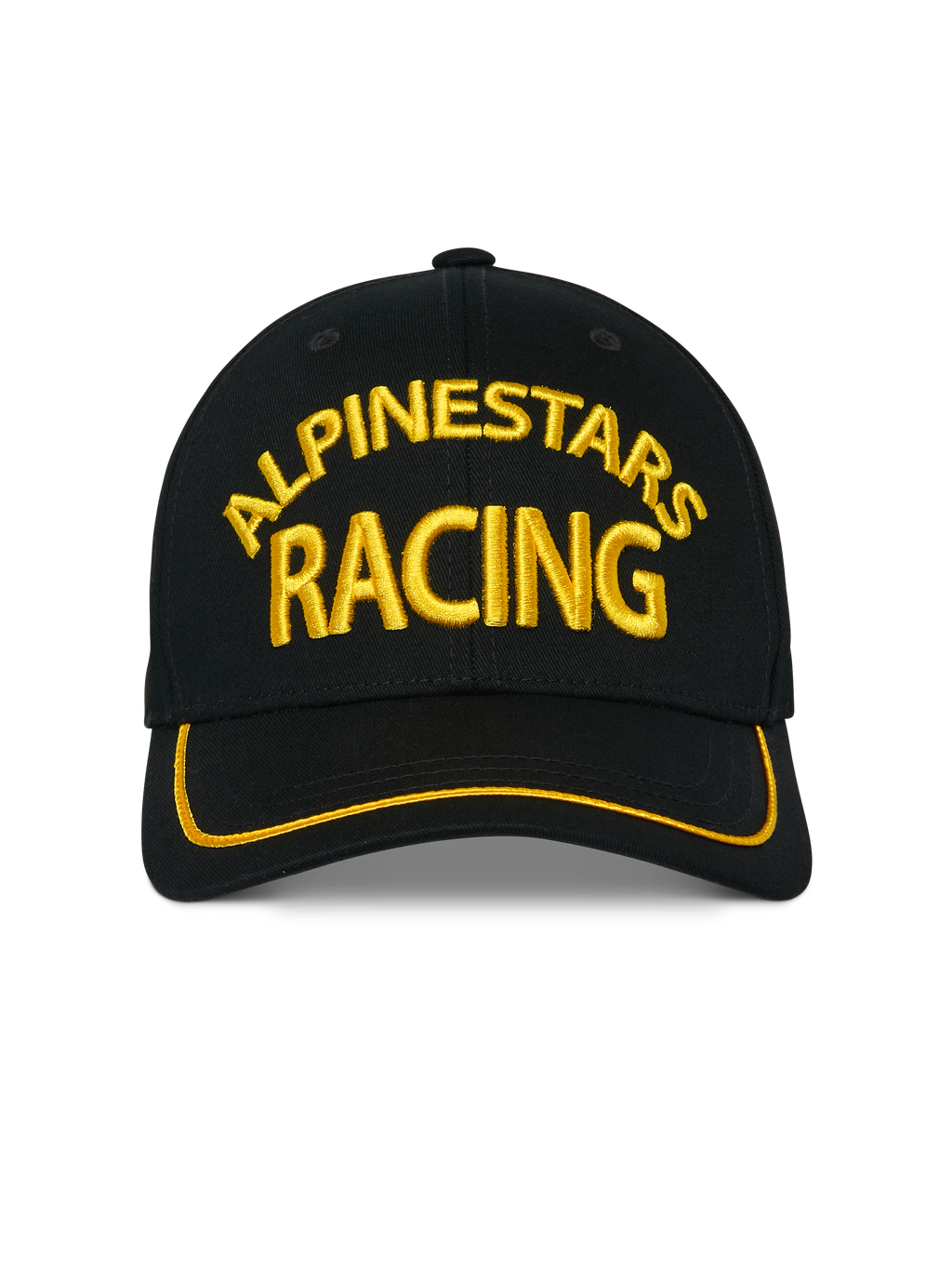 Alpinestars Luminary Hat, czarna czapka z daszkiem typu snapback, żółty haft 3D Alpinestars Racing z przodu, zakrzywiony daszek z żółtą lamówką sutache, sportowe nakrycie głowy