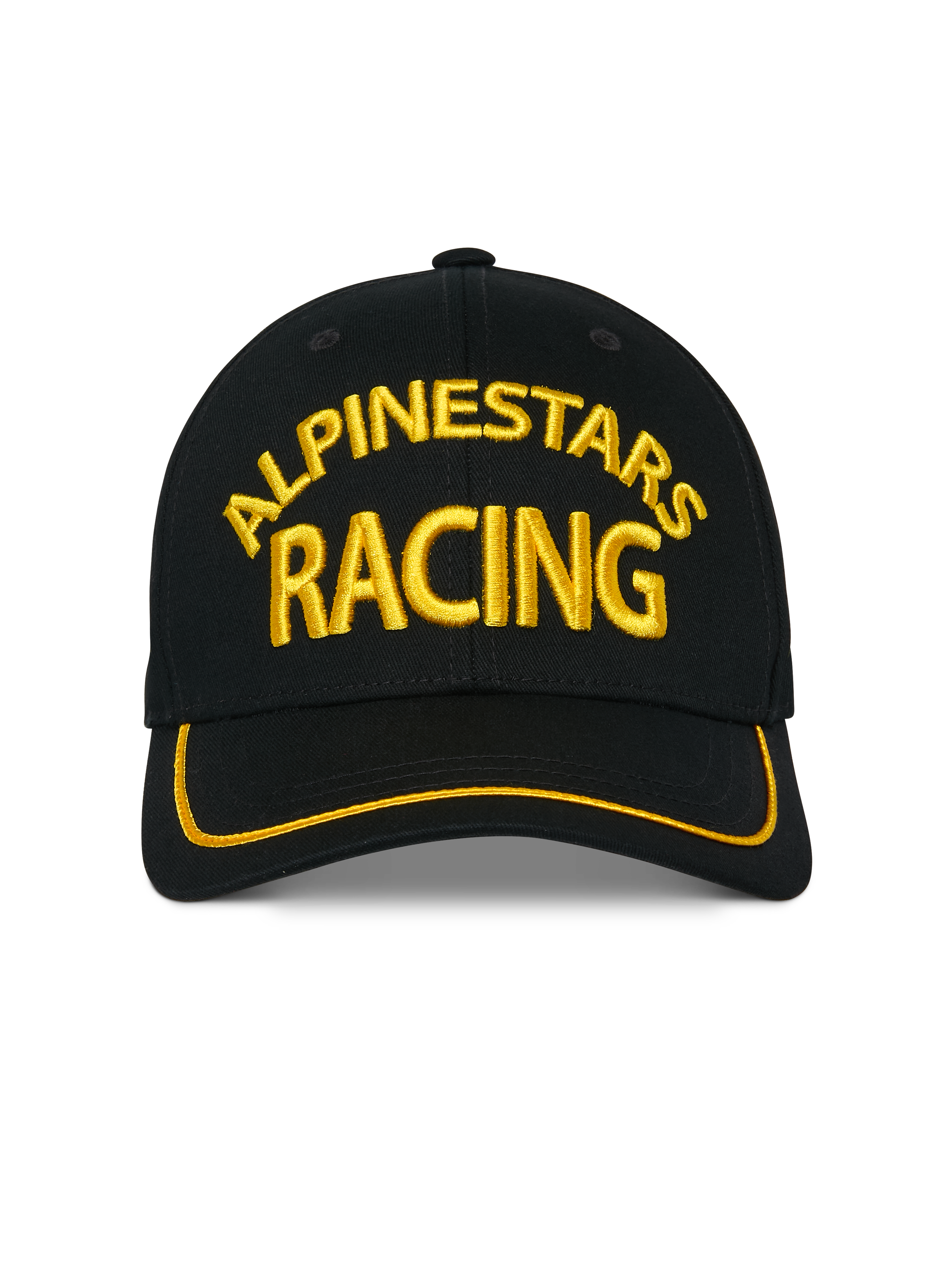 Alpinestars Luminary Hat, czarna czapka z daszkiem typu snapback, żółty haft 3D Alpinestars Racing z przodu, zakrzywiony daszek z żółtą lamówką sutache, sportowe nakrycie głowy