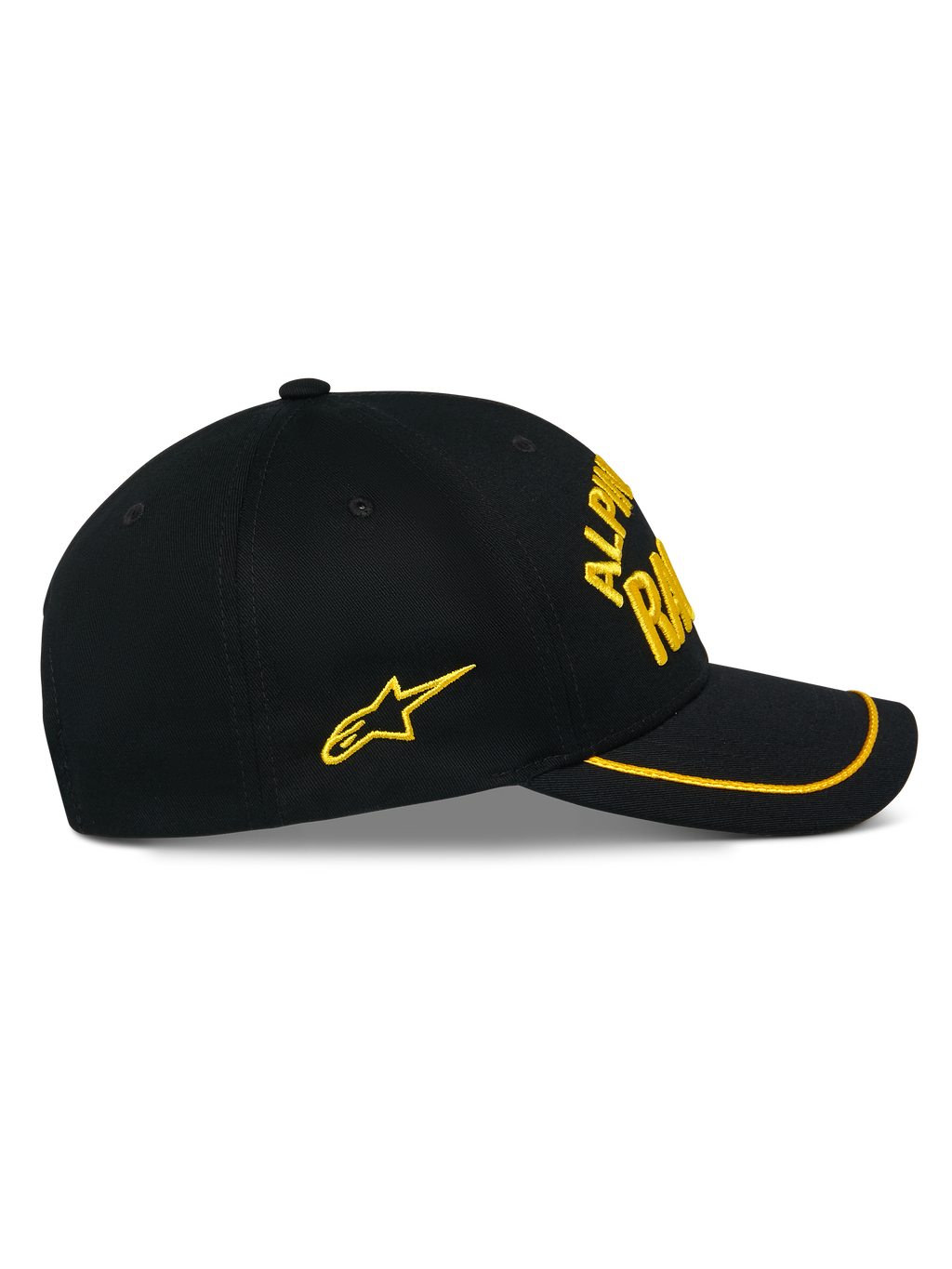 Alpinestars Luminary Hat, czarna czapka z daszkiem typu snapback, widok z boku, zakrzywiony daszek z żółtą lamówką sutache, żółte haftowane logo 3D i boczna gwiazda, 100% bawełna, codzienne nakrycie głowy inspirowane motorsportem