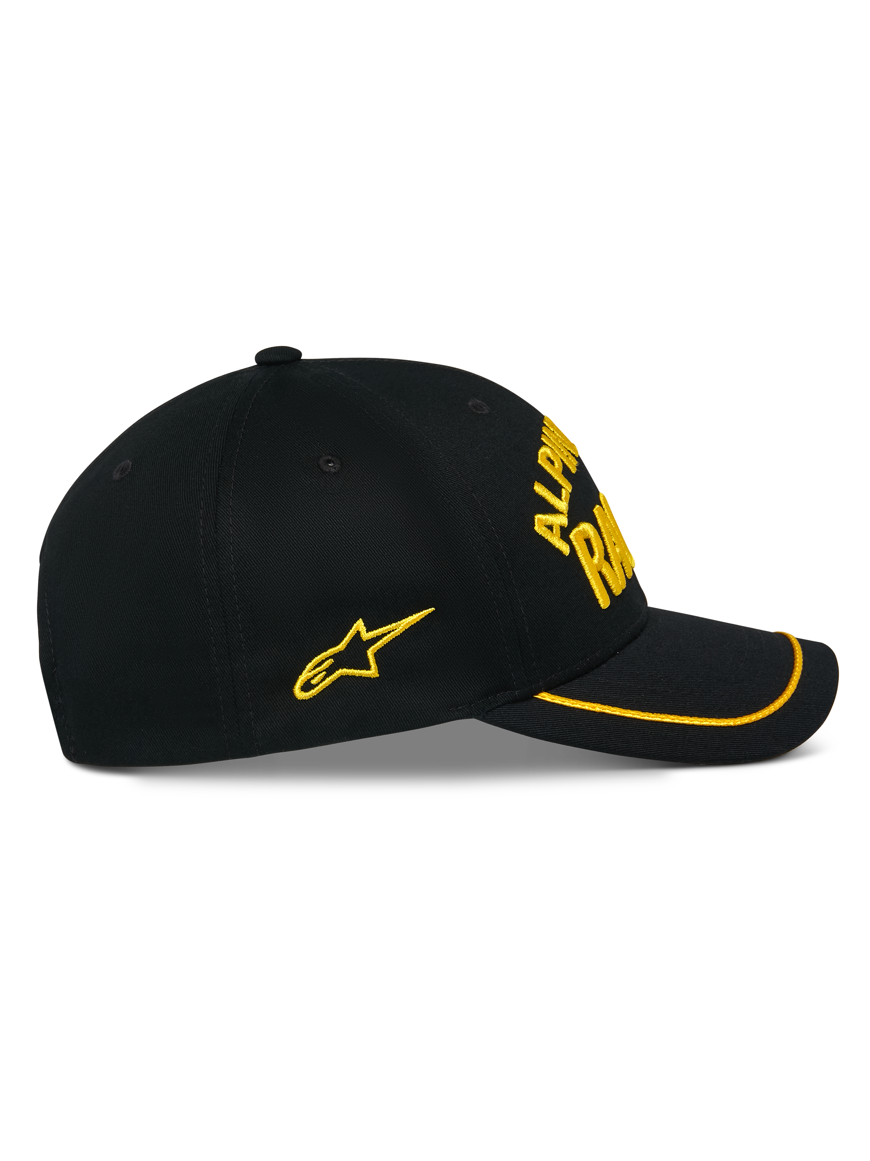 Alpinestars Luminary Hat, czarna czapka z daszkiem typu snapback, widok z boku, zakrzywiony daszek z żółtą lamówką sutache, żółte haftowane logo 3D i boczna gwiazda, 100% bawełna, codzienne nakrycie głowy inspirowane motorsportem