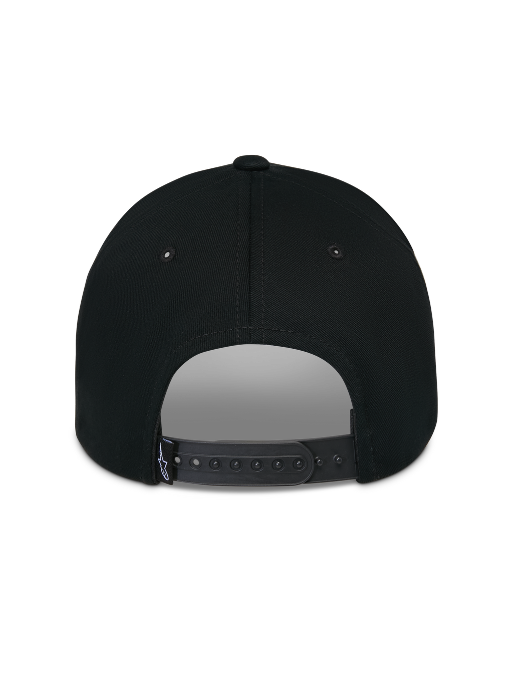 Alpinestars Luminary Hat, czarna, widok z tyłu, regulowane zapięcie typu snapback, mała tkana metka z logo, usztywniona bawełniana korona, codzienne nakrycie głowy inspirowane sportami motorowymi