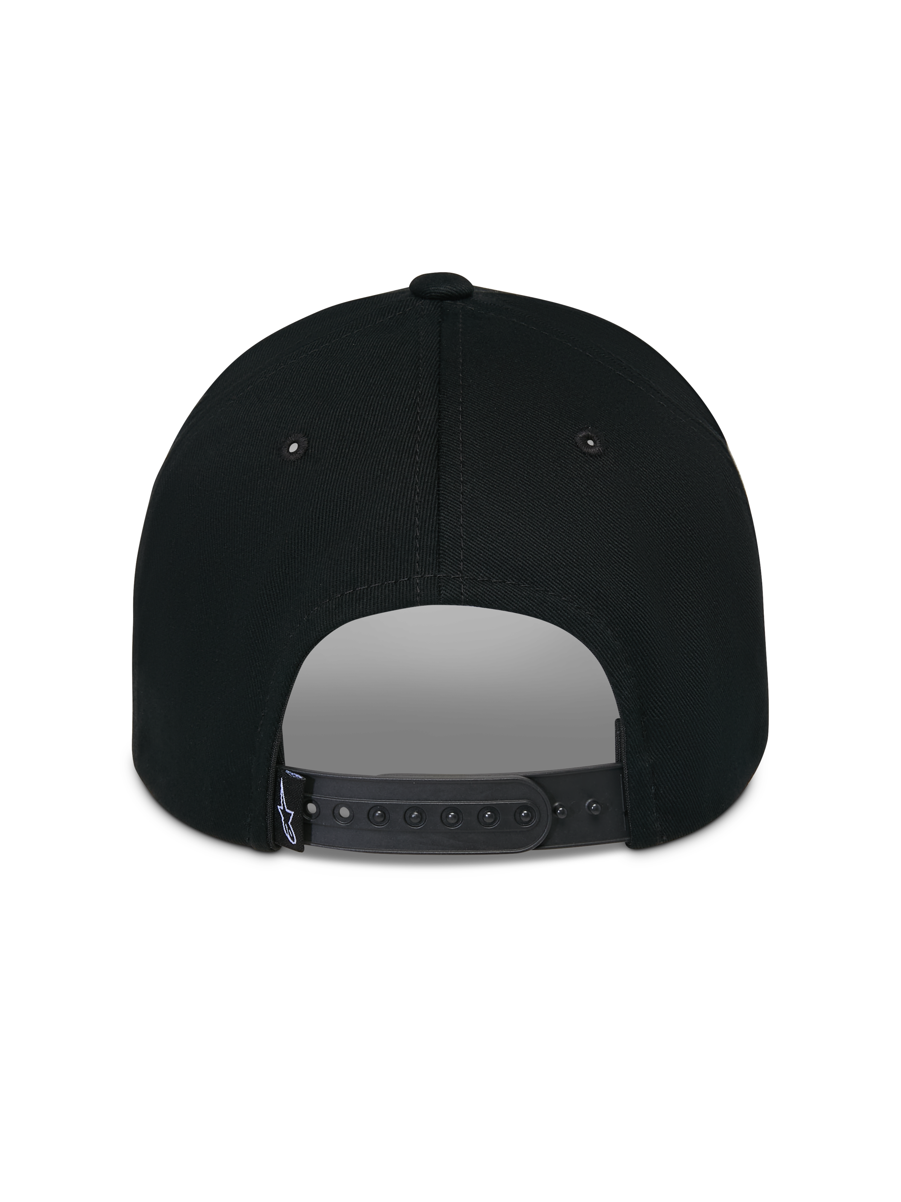 Alpinestars Luminary Hat, czarna, widok z tyłu, regulowane zapięcie typu snapback, mała tkana metka z logo, usztywniona bawełniana korona, codzienne nakrycie głowy inspirowane sportami motorowymi