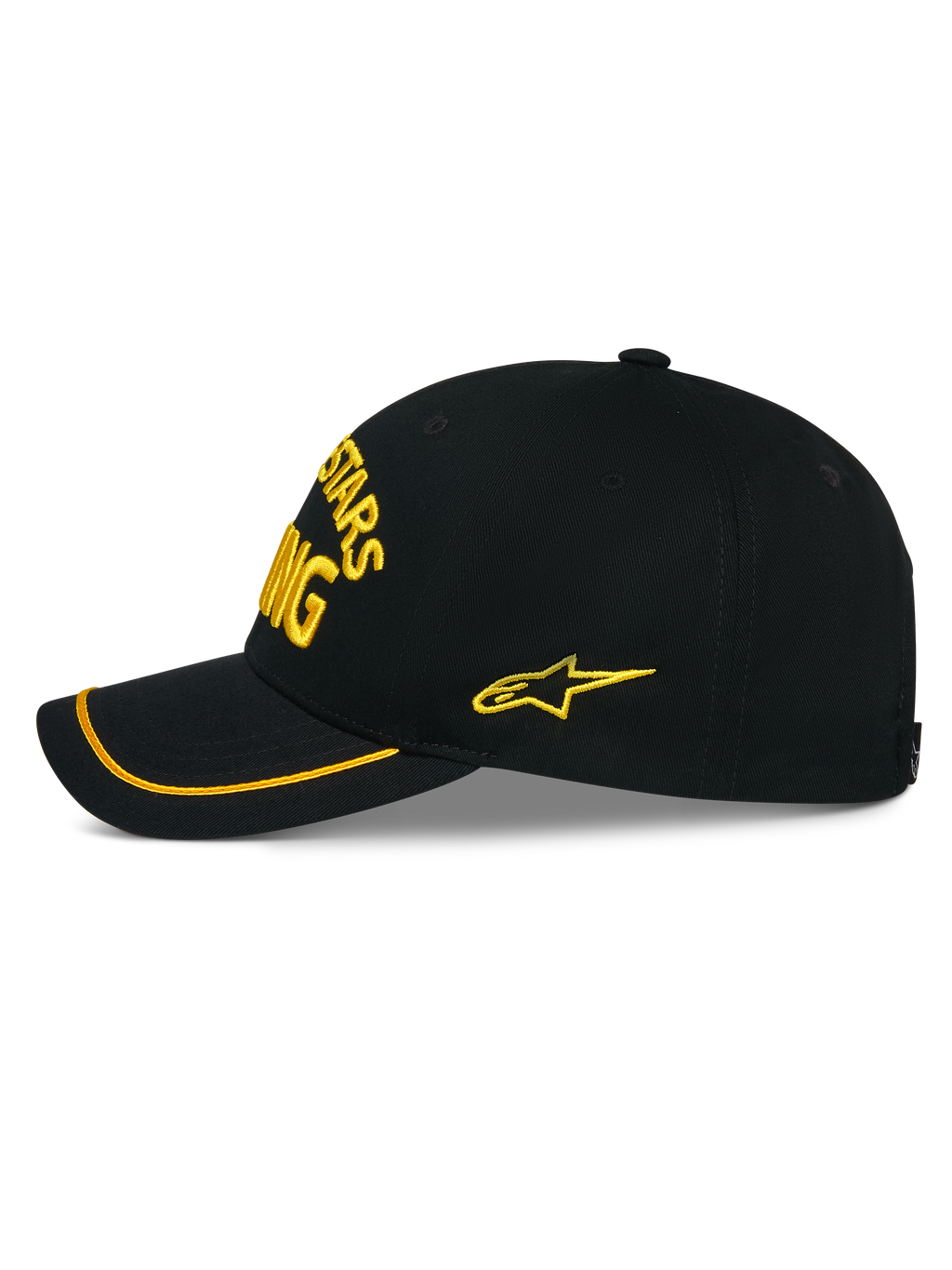 Alpinestars Luminary Hat, czarna czapka snapback widoczna z boku, żółty haft 3D z przodu i z boku, zakrzywiony daszek z żółtą lamówką sutache, usztywniona konstrukcja z bawełnianego kepru