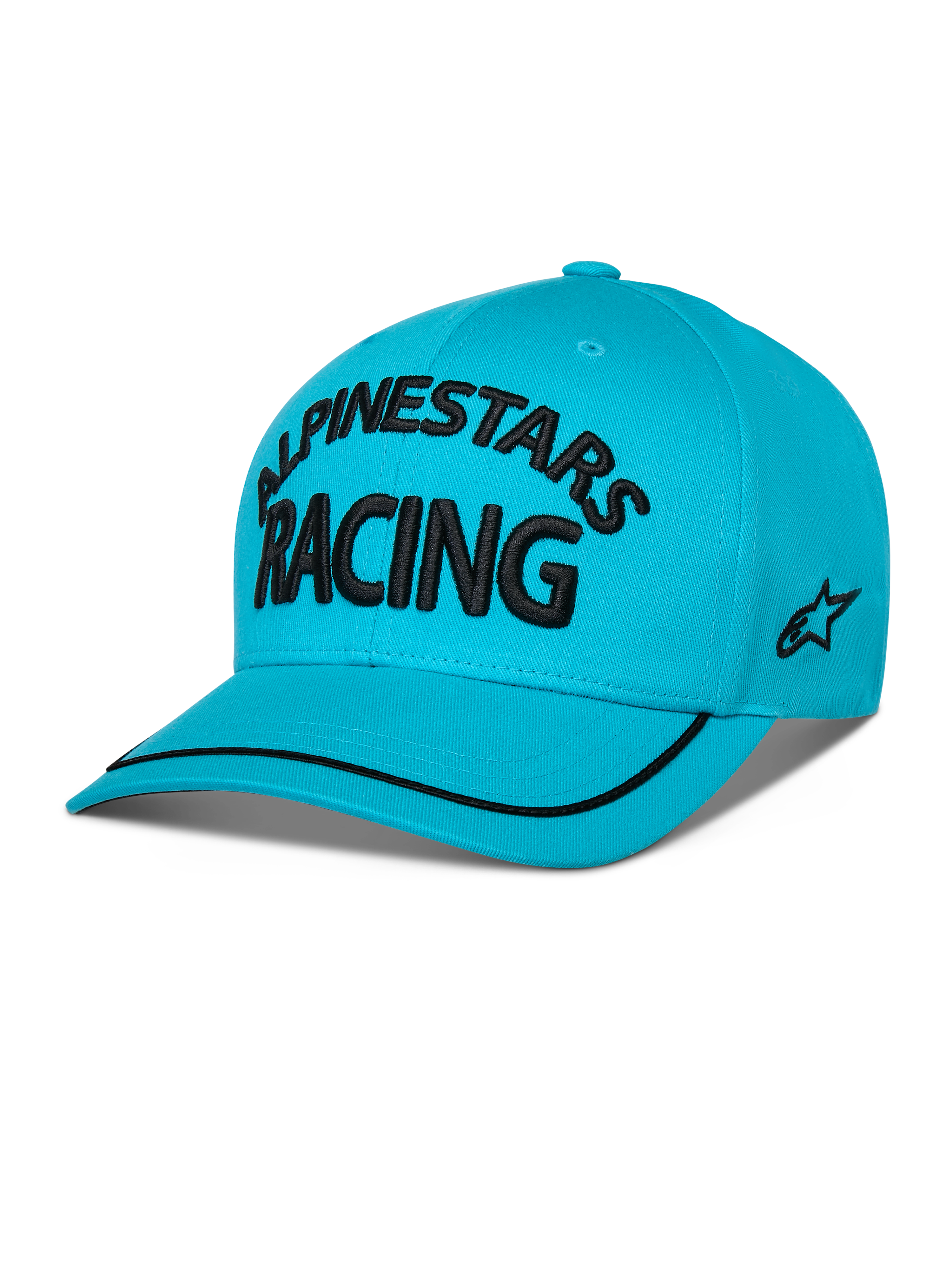 Czapka Alpinestars Luminary, jasnoniebieska czapka typu snapback z zakrzywionym daszkiem, czarny haft 3D z napisem „ALPINESTARS RACING”, płaskie haftowane logo z boku, czarna lamówka na daszku, codzienne nakrycie głowy inspirowane motorsportem