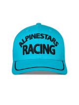 Alpinestars Luminary Hat, kolor Aqua Blue, widok z przodu czapki snapback z zakrzywionym daszkiem, czarne haftowane logo 3D Alpinestars Racing, czarna lamówka sutasz na daszku, usztywniona korona, codzienna odzież sportowa