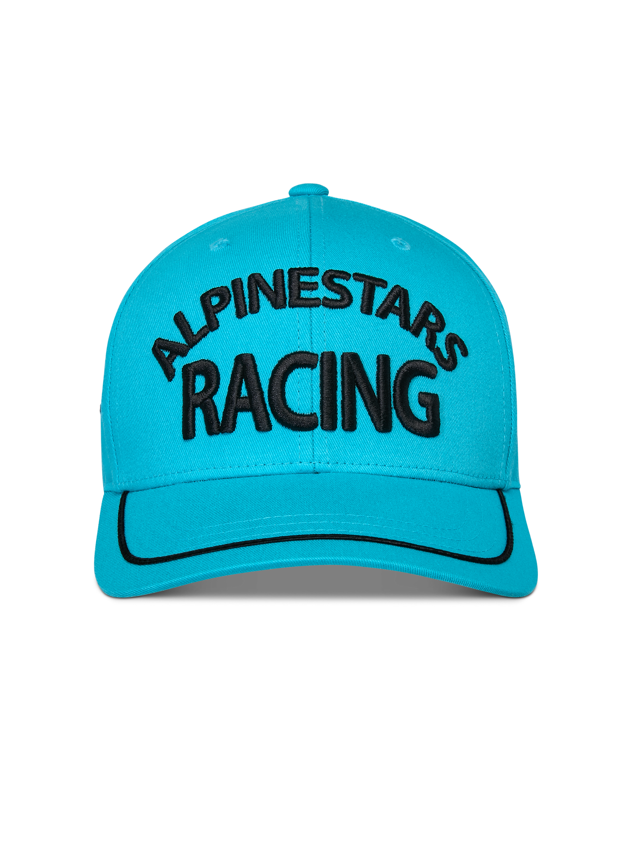 Alpinestars Luminary Hat, kolor Aqua Blue, widok z przodu czapki snapback z zakrzywionym daszkiem, czarne haftowane logo 3D Alpinestars Racing, czarna lamówka sutasz na daszku, usztywniona korona, codzienna odzież sportowa