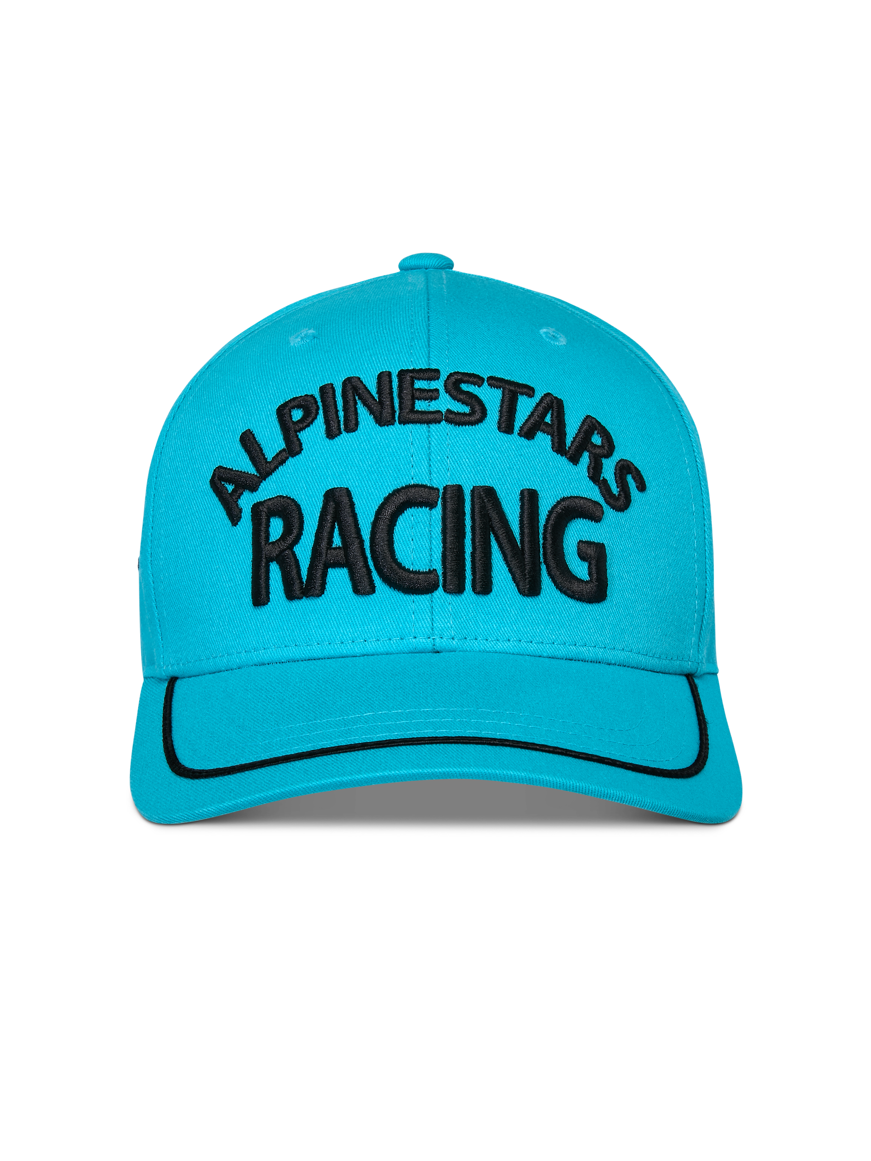 Alpinestars Luminary Hat, kolor Aqua Blue, widok z przodu czapki snapback z zakrzywionym daszkiem, czarne haftowane logo 3D Alpinestars Racing, czarna lamówka sutasz na daszku, usztywniona korona, codzienna odzież sportowa