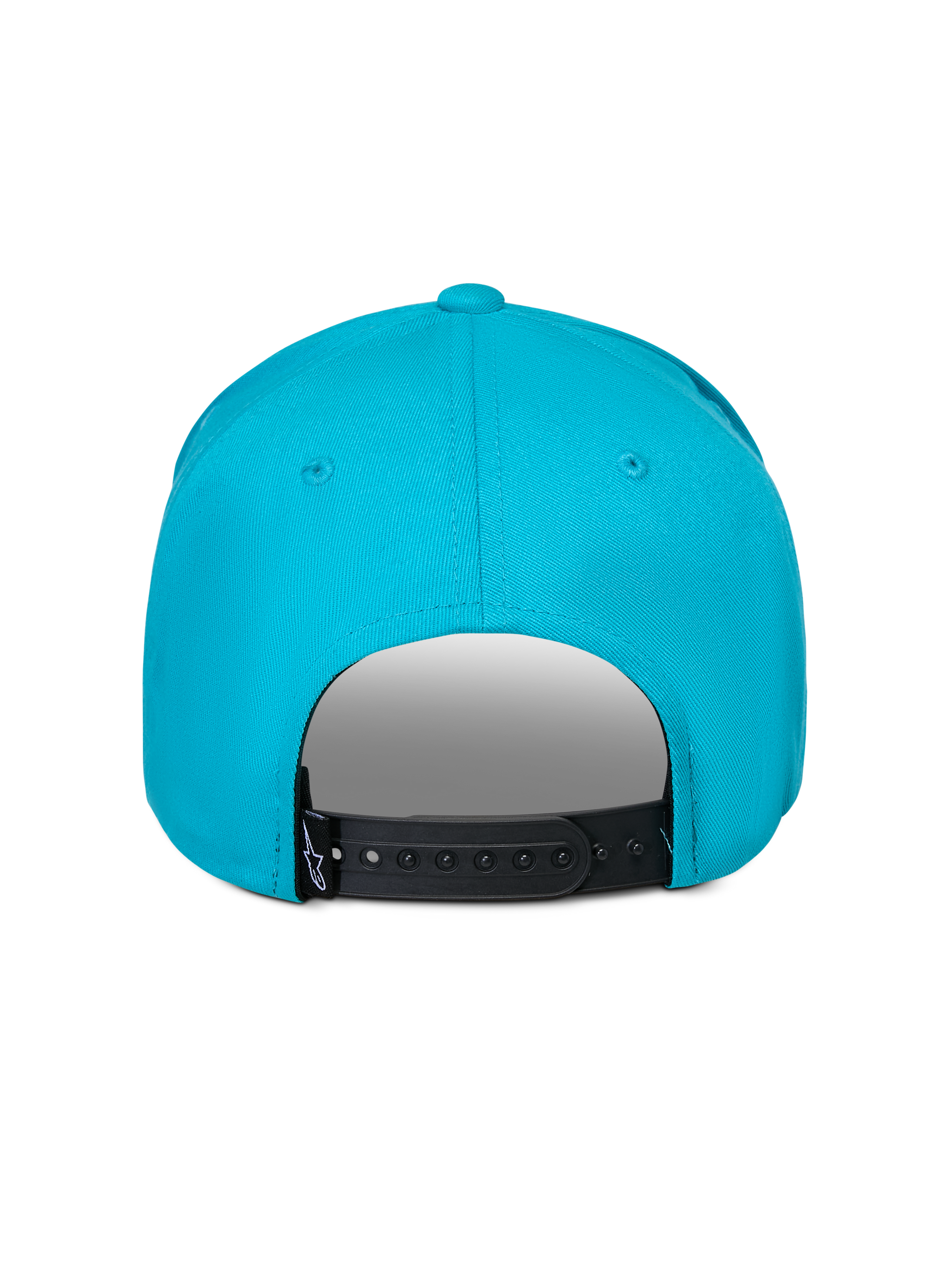 Alpinestars Luminary Hat, kolor Aqua Blue, widok z tyłu z regulowanym czarnym zapięciem snapback, mała czarna metka z logo, 100% bawełniany twill, codzienne sportowe nakrycie głowy