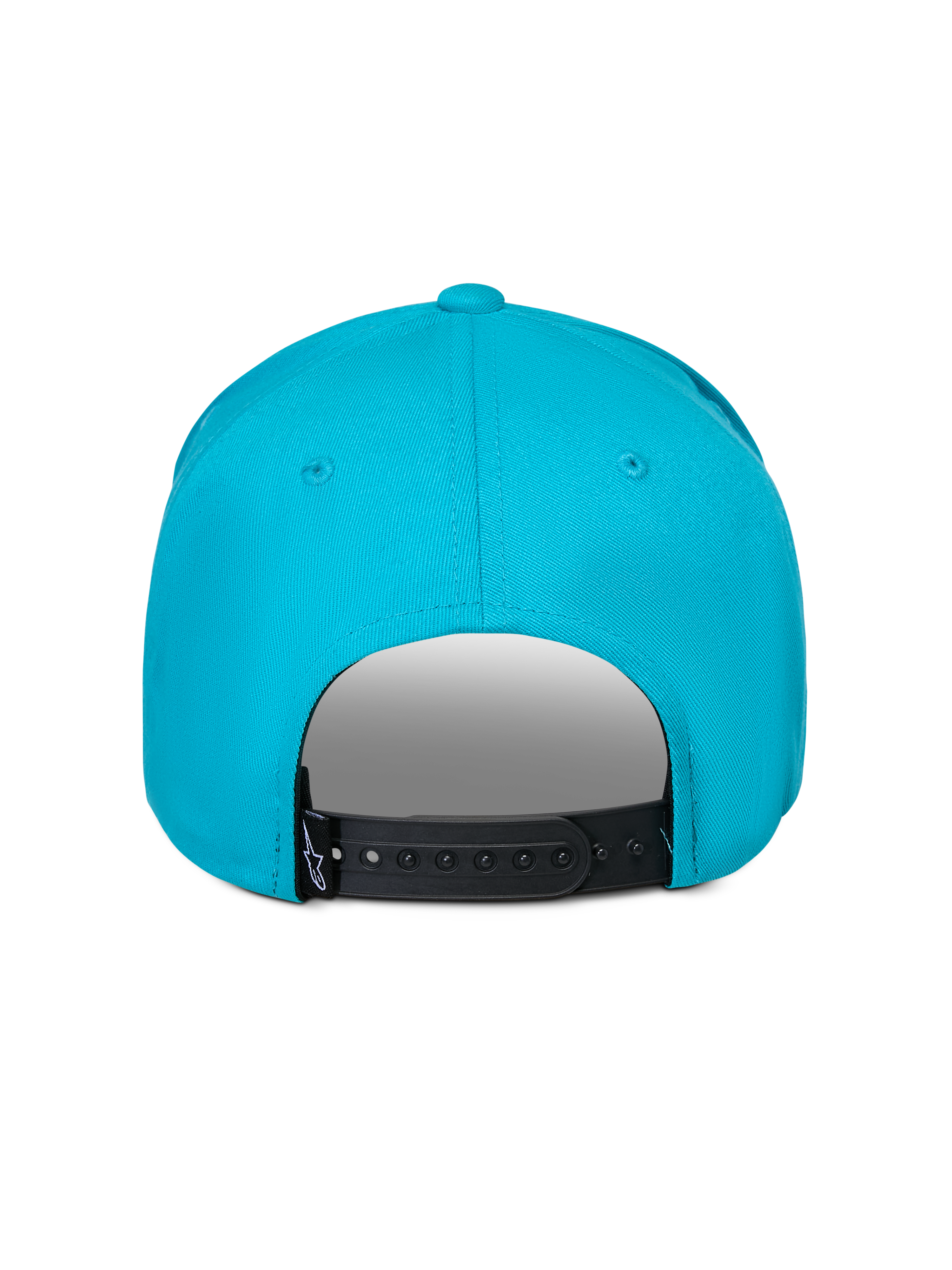 Alpinestars Luminary Hat, kolor Aqua Blue, widok z tyłu z regulowanym czarnym zapięciem snapback, mała czarna metka z logo, 100% bawełniany twill, codzienne sportowe nakrycie głowy