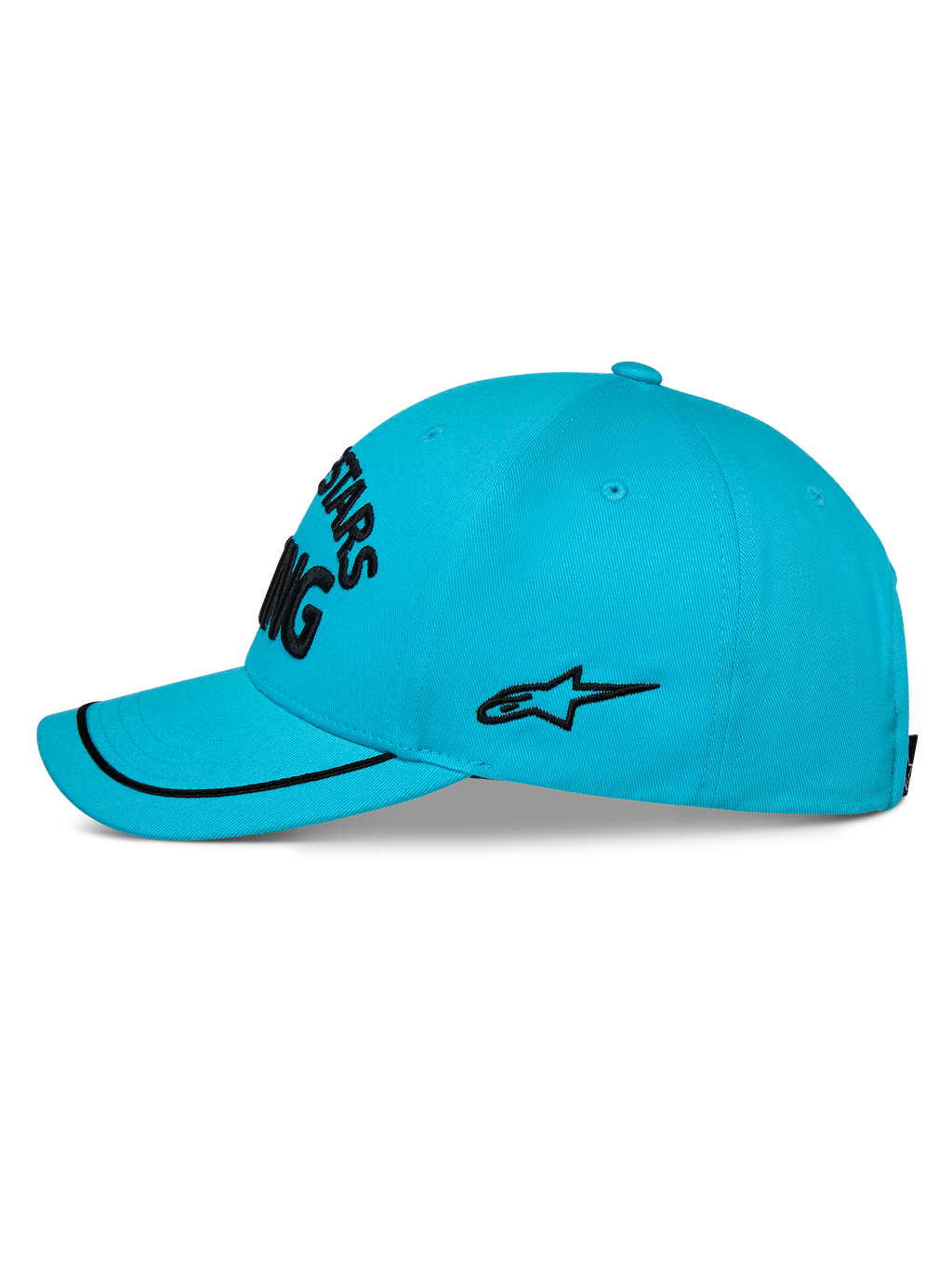 Alpinestars Luminary Hat, błękitna czapka z daszkiem Aqua Blue, widok z profilu, zakrzywiony daszek z czarną lamówką sutache, czarne haftowane logo z boku, usztywniona korona, codzienna odzież sportowa