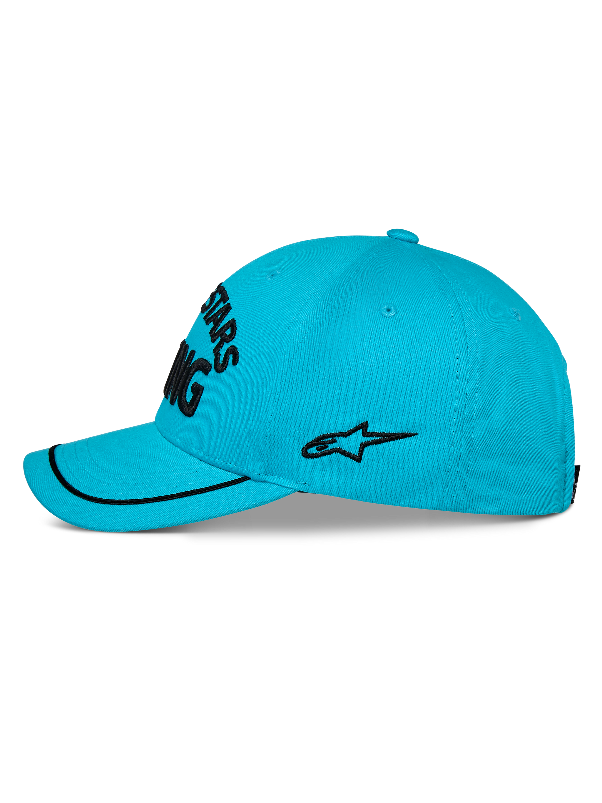 Alpinestars Luminary Hat, błękitna czapka z daszkiem Aqua Blue, widok z profilu, zakrzywiony daszek z czarną lamówką sutache, czarne haftowane logo z boku, usztywniona korona, codzienna odzież sportowa