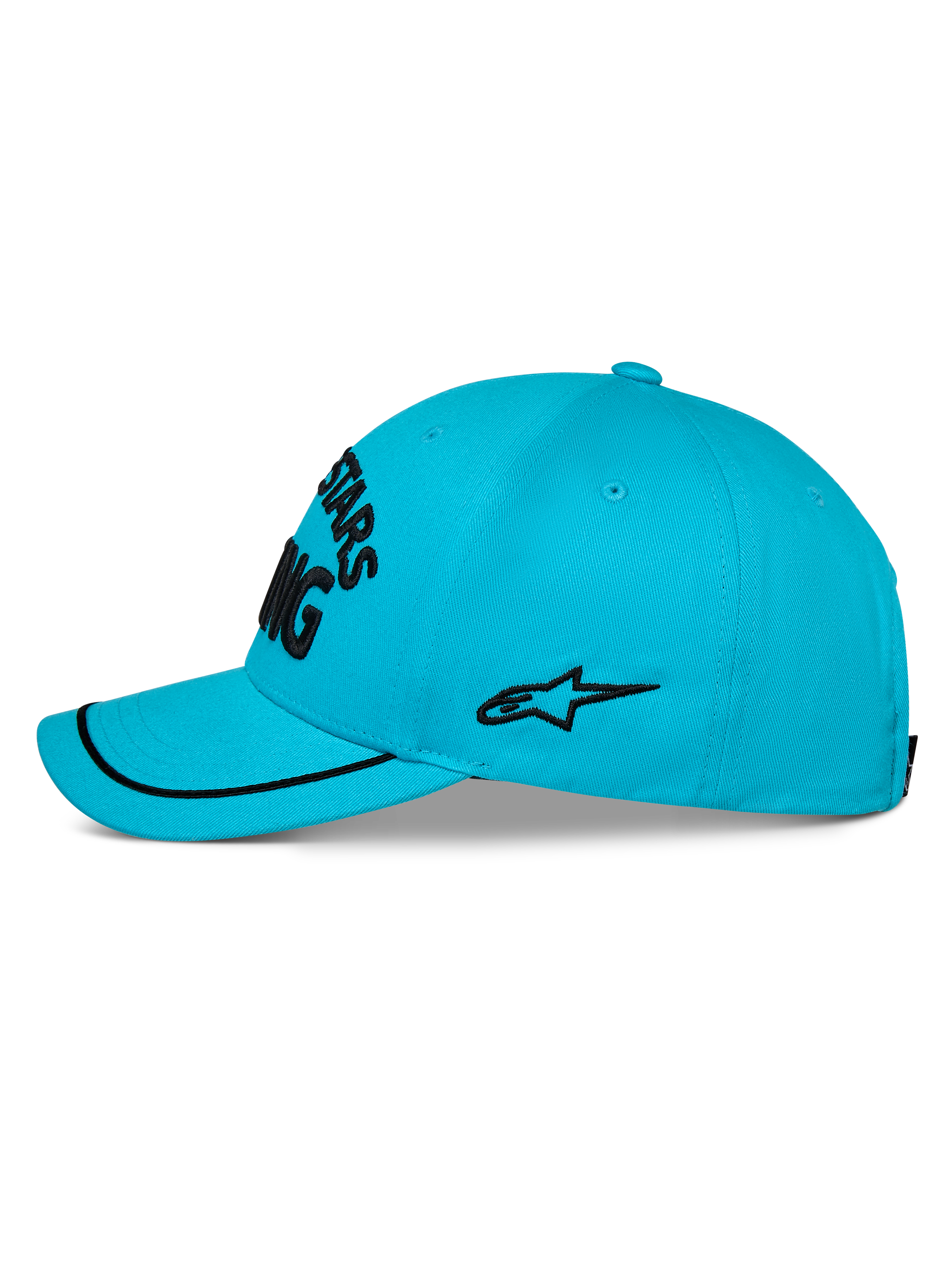Alpinestars Luminary Hat, błękitna czapka z daszkiem Aqua Blue, widok z profilu, zakrzywiony daszek z czarną lamówką sutache, czarne haftowane logo z boku, usztywniona korona, codzienna odzież sportowa