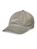 Alpinestars Tyler Hat, czapka z daszkiem khaki, z białym haftem 3D i białym ozdobnym sznurkiem, nieusztywniona niska korona z zakrzywionym daszkiem, sześciopanelowa konstrukcja z twillu z recyklingu z otworami wentylacyjnymi.