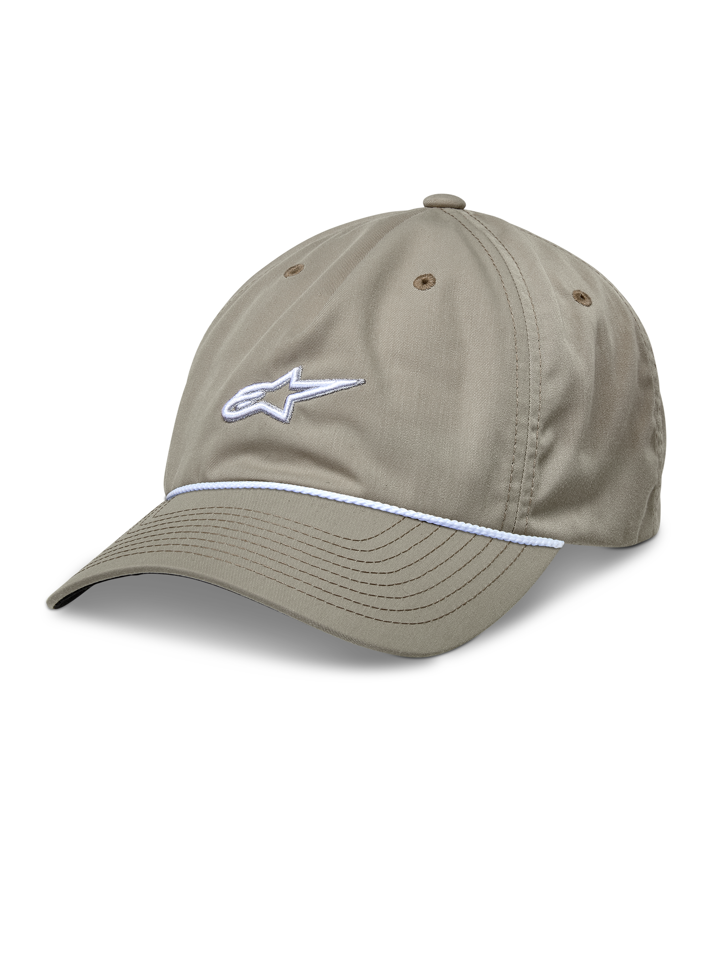 Alpinestars Tyler Hat, czapka z daszkiem khaki, z białym haftem 3D i białym ozdobnym sznurkiem, nieusztywniona niska korona z zakrzywionym daszkiem, sześciopanelowa konstrukcja z twillu z recyklingu z otworami wentylacyjnymi.