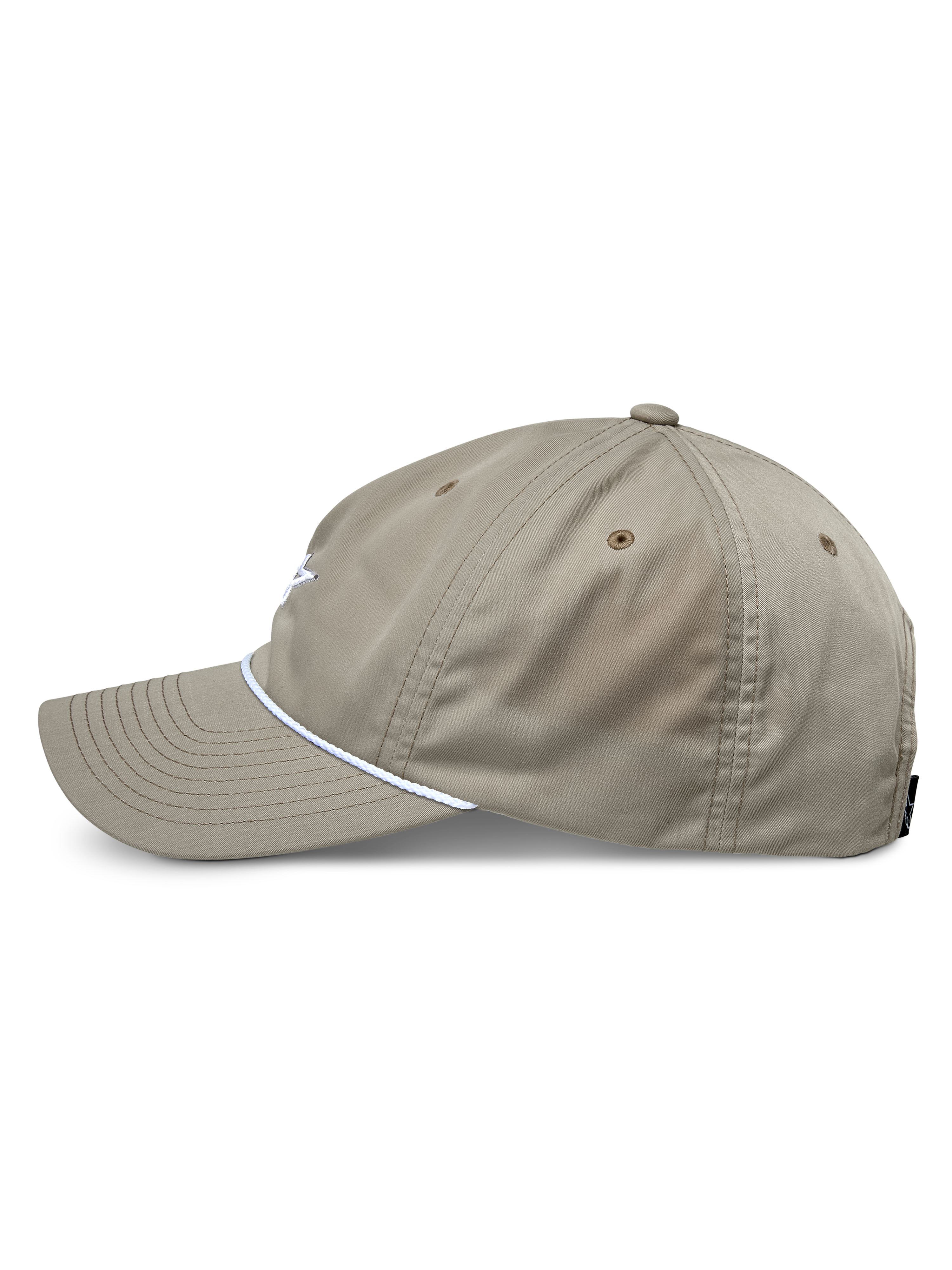 Czapka Alpinestars Tyler, khaki, widok z boku prezentujący zakrzywiony daszek oraz biały pleciony sznur ozdobny, czapka o niskiej, nieusztywnionej koronie, codzienna odzież sportowa