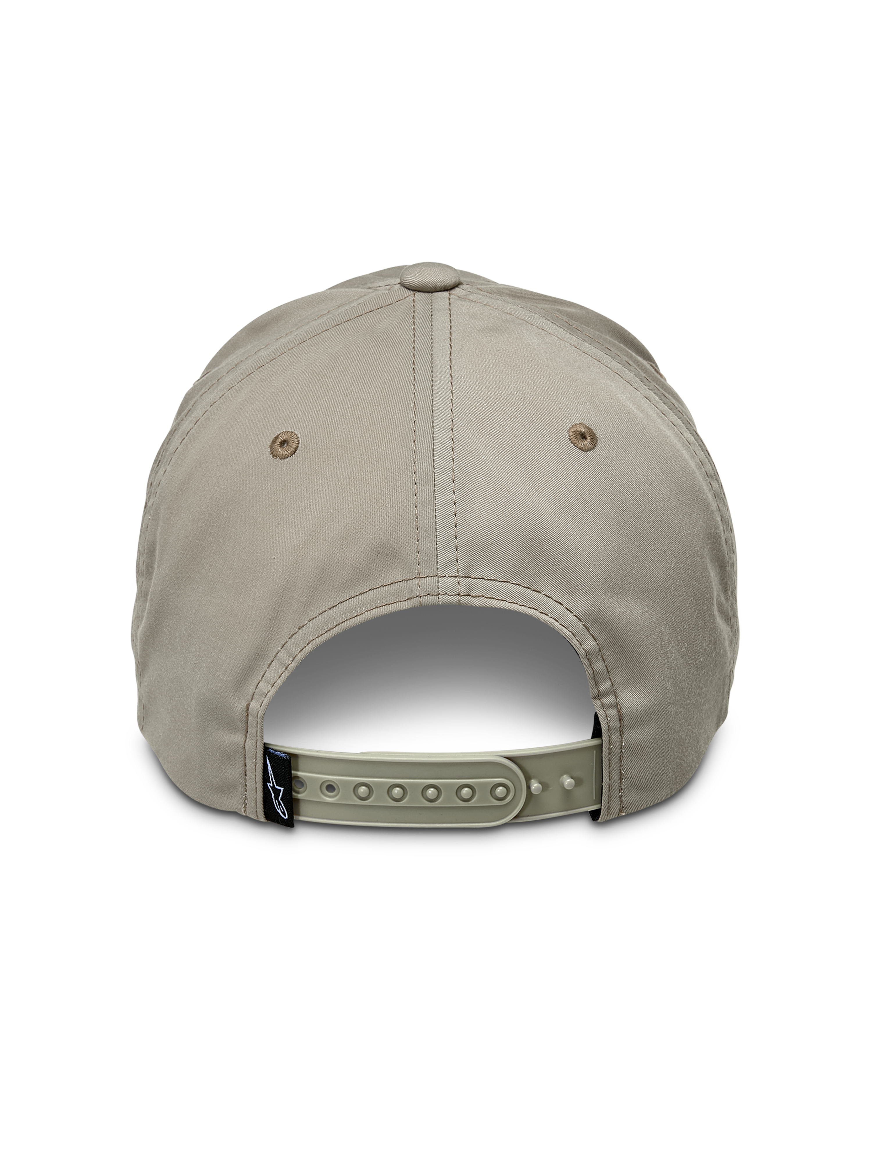 Czapka Alpinestars Tyler, khaki, widok z tyłu ukazujący regulowane zapięcie typu snapback i małą czarną metkę z logo, nieusztywniona konstrukcja o niskiej koronie z tkaniny twill z recyklingu, codzienna czapka sportowa