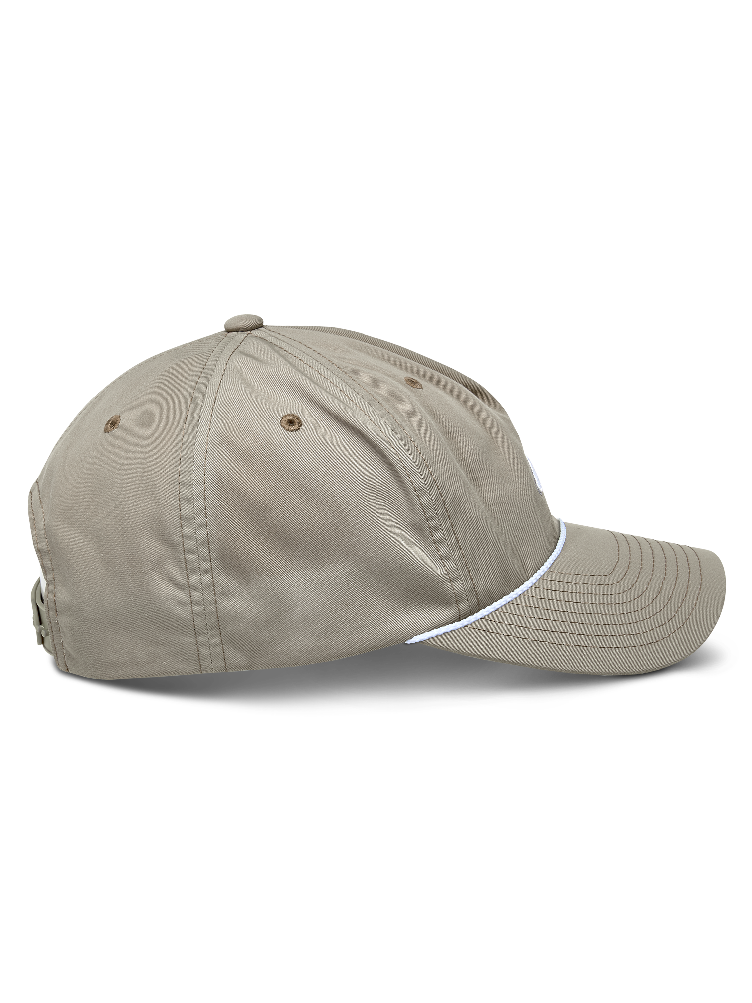 Czapka Alpinestars Tyler, lifestylowa czapka snapback w kolorze khaki, profil boczny z zakrzywionym daszkiem i białym ozdobnym sznurem, nieusztywniona niska korona z twillu z recyklingu, design inspirowany motorsportem