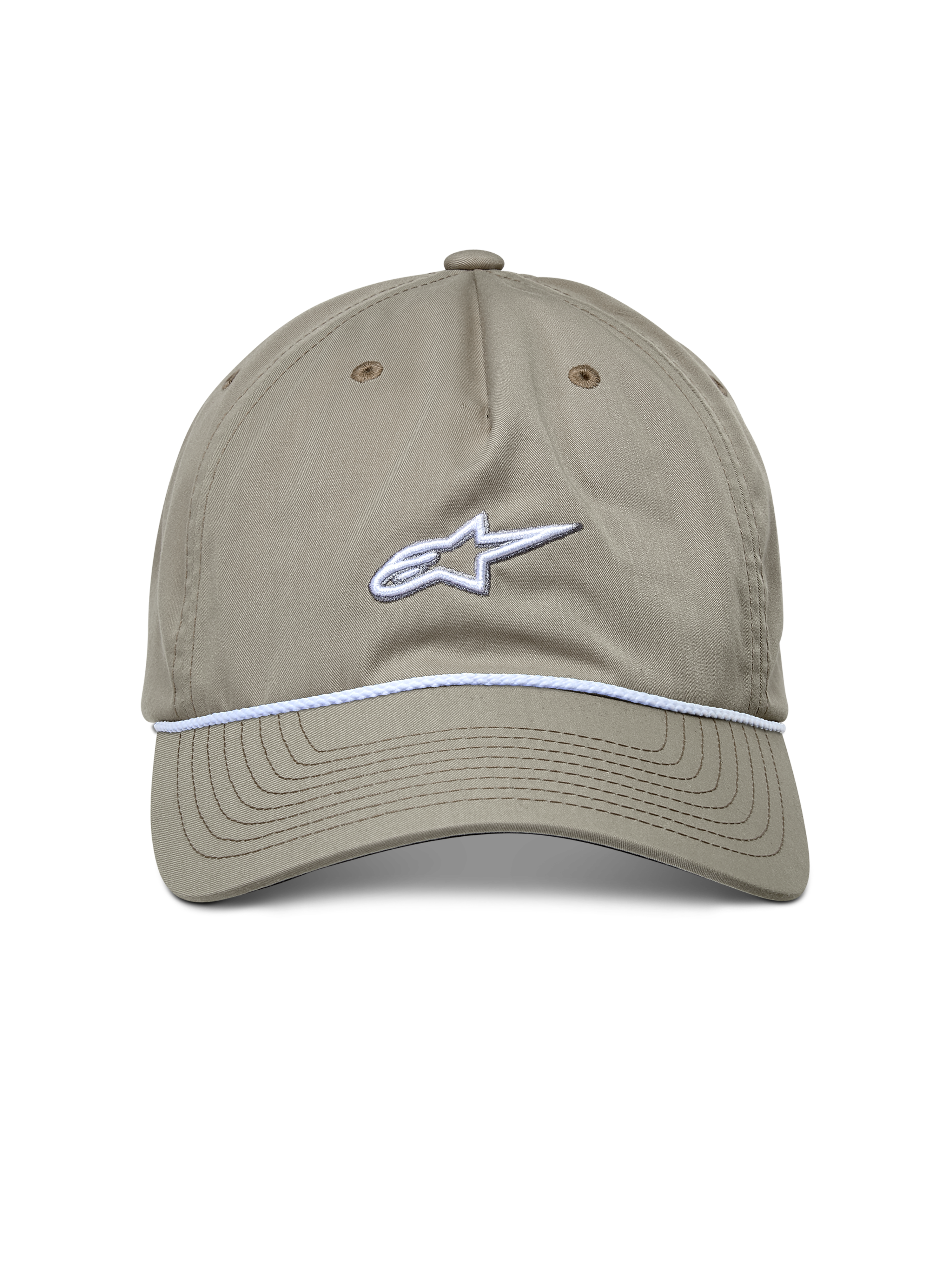 Alpinestars Tyler Hat, sportowa czapka codzienna, kolor khaki, widok z przodu z białym haftowanym logo i ozdobnym plecionym sznurem, zakrzywiony daszek, konstrukcja z niską koroną