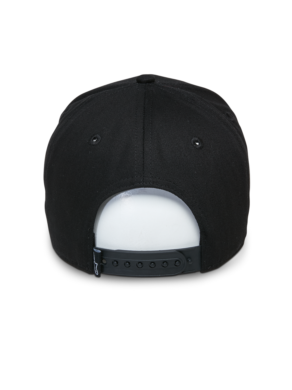 Alpinestars Committed Hat, Black Snapback Hat, back view featuring adjustable snap closure and small woven label, structured crown, casual motorsport-inspired headwear