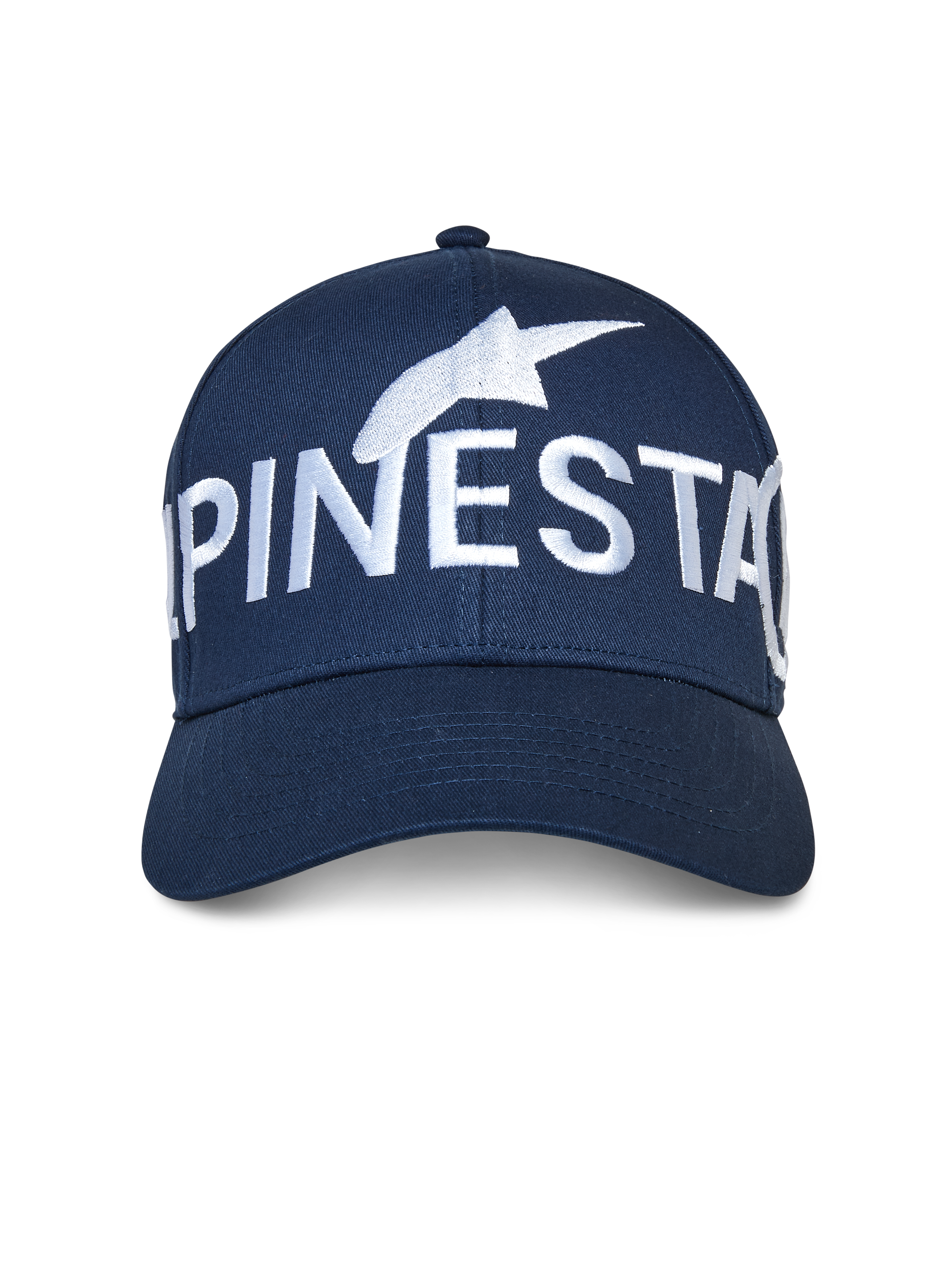 Czapka Alpinestars Committed, granatowa, czapka z daszkiem typu snapback, duże białe haftowane logo Alpinestars z przodu, strukturalna korona, zakrzywiony daszek, casualowa odzież streetwearowa w stylu motorsport