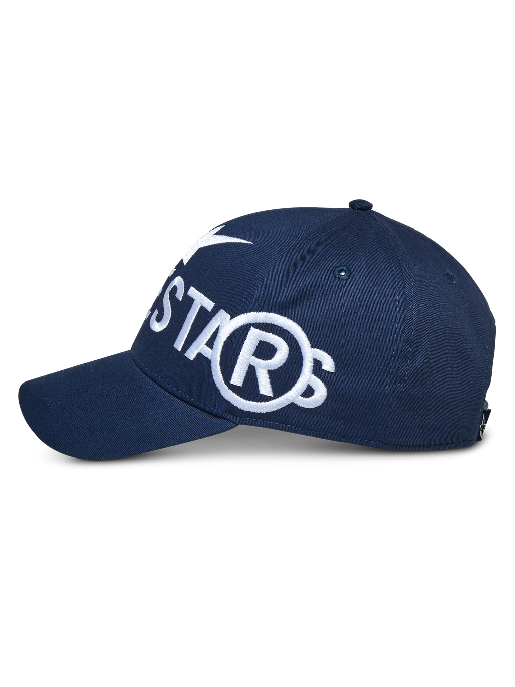 Alpinestars Committed Hat, granatowa czapka z daszkiem typu snapback, widok z boku, duże białe haftowane logo, zakrzywiony daszek i strukturalna korona, sportowa odzież codzienna