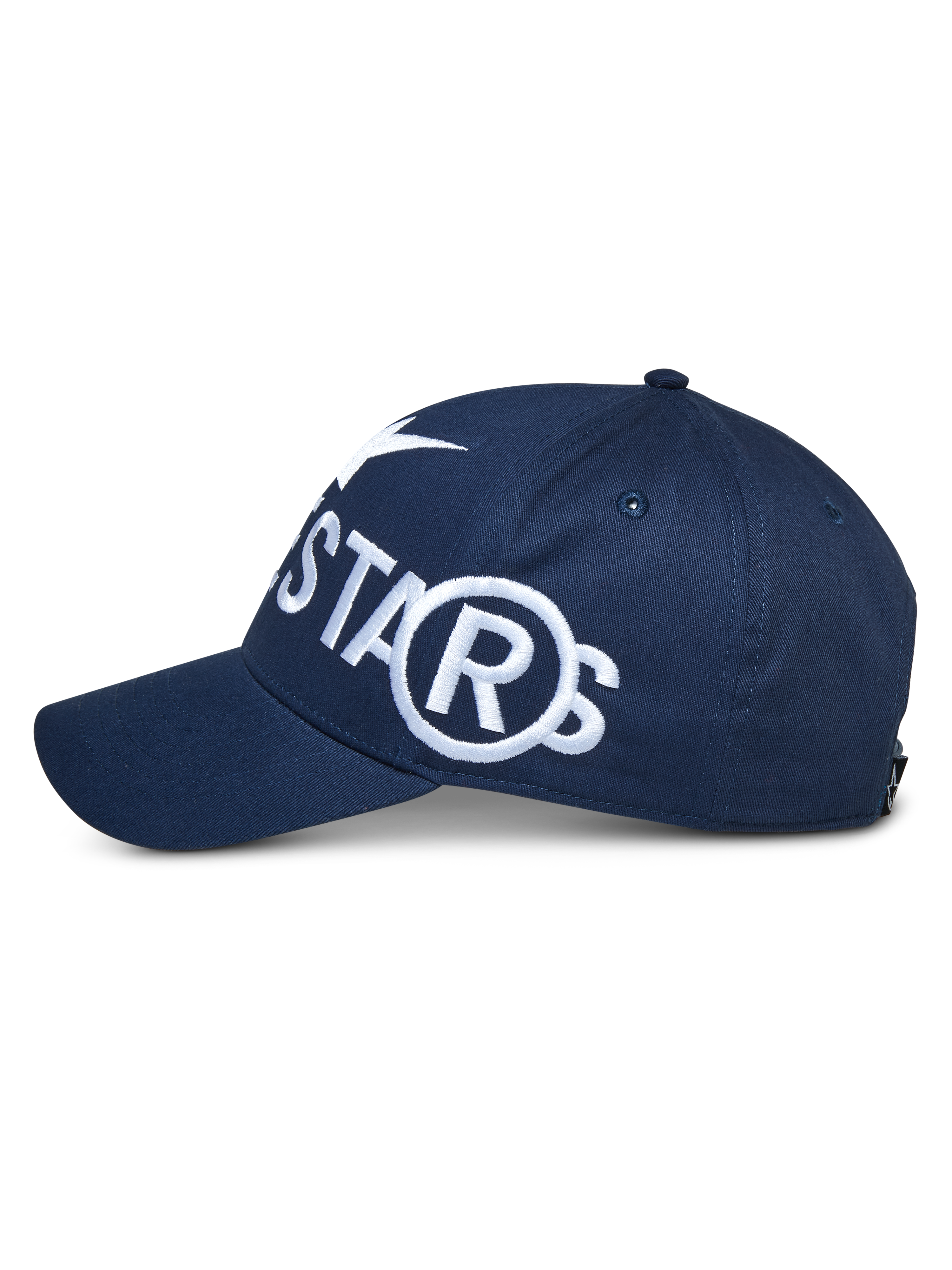 Alpinestars Committed Hat, granatowa czapka z daszkiem typu snapback, widok z boku, duże białe haftowane logo, zakrzywiony daszek i strukturalna korona, sportowa odzież codzienna