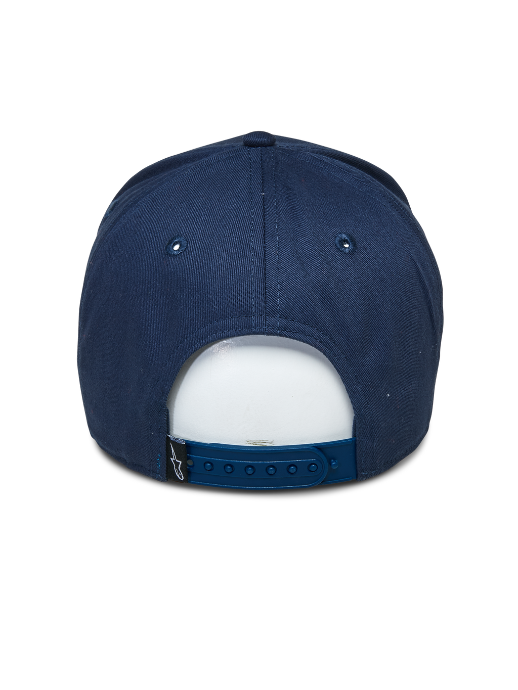 Alpinestars Committed Hat, granatowa czapka z daszkiem typu snapback, widok z tyłu, z regulowanym plastikowym zapięciem i małą czarną metką z logo, codzienne nakrycie głowy inspirowane sportami motorowymi.