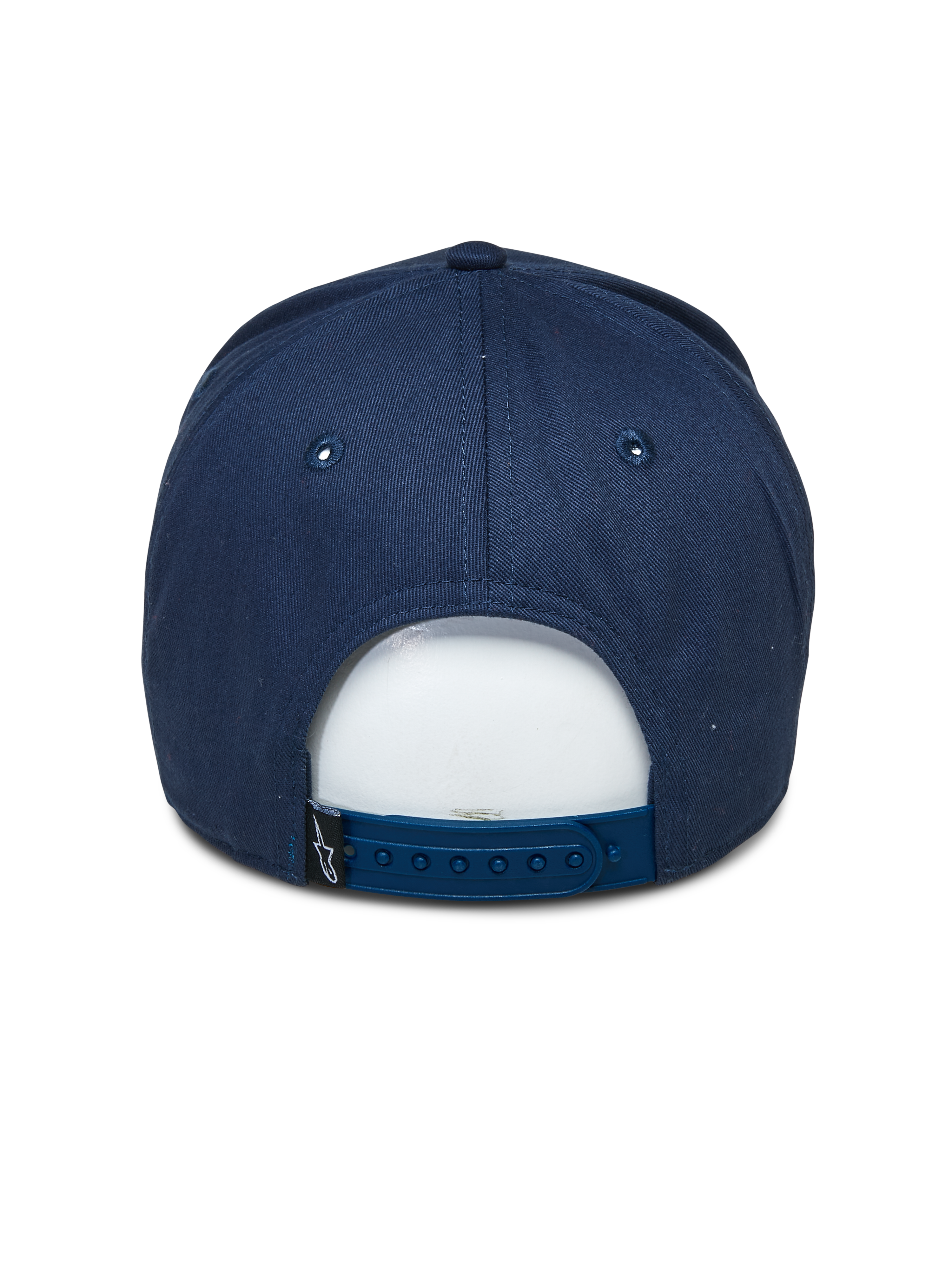 Alpinestars Committed Hat, granatowa czapka z daszkiem typu snapback, widok z tyłu, z regulowanym plastikowym zapięciem i małą czarną metką z logo, codzienne nakrycie głowy inspirowane sportami motorowymi.