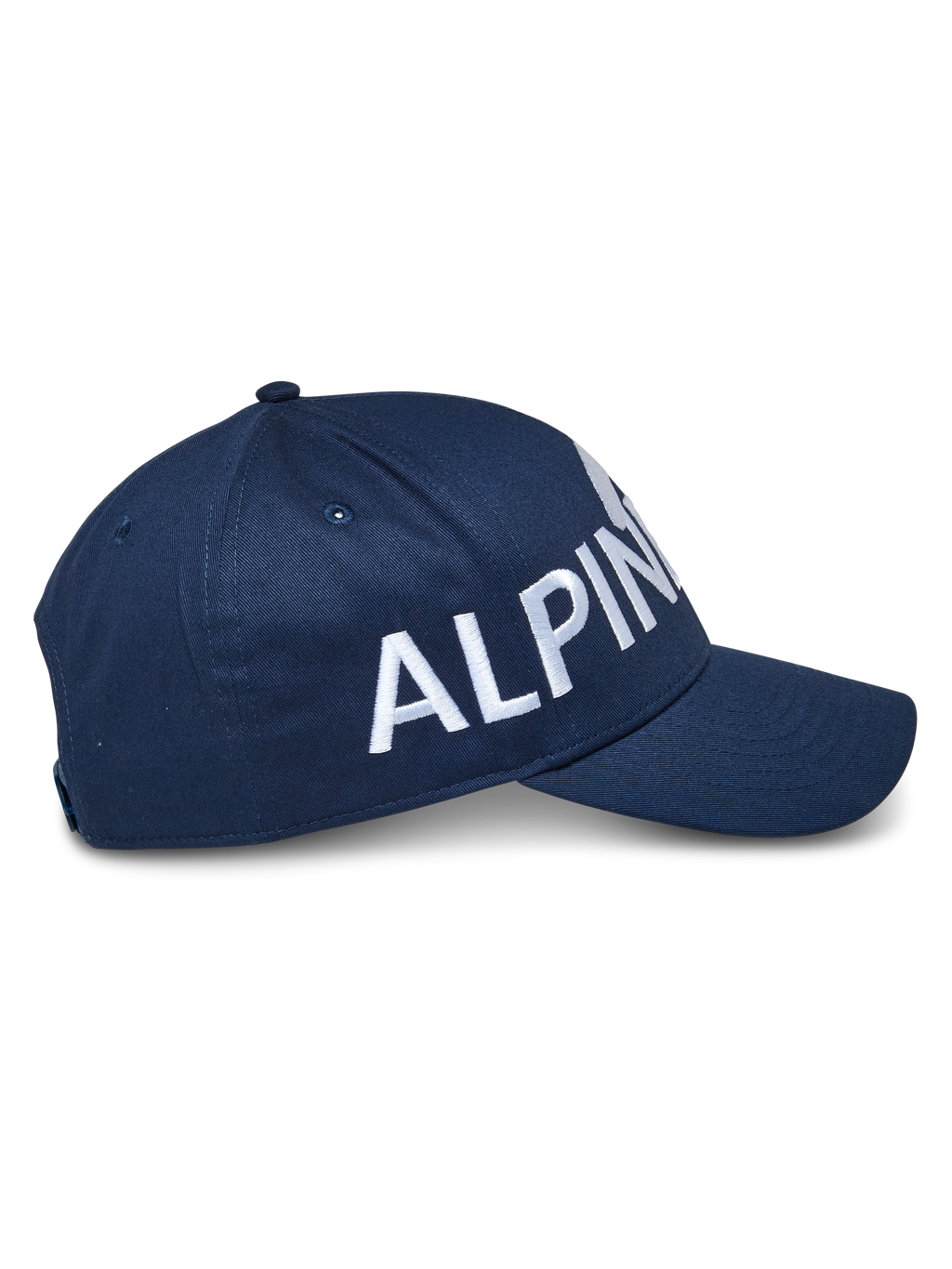 Alpinestars Committed Hat, granatowa czapka z daszkiem typu snapback, widok z boku z dużym białym haftowanym napisem, strukturalna korona z zakrzywionym daszkiem, wytrzymała tkanina twill, codzienne nakrycie głowy w stylu motorsportowym