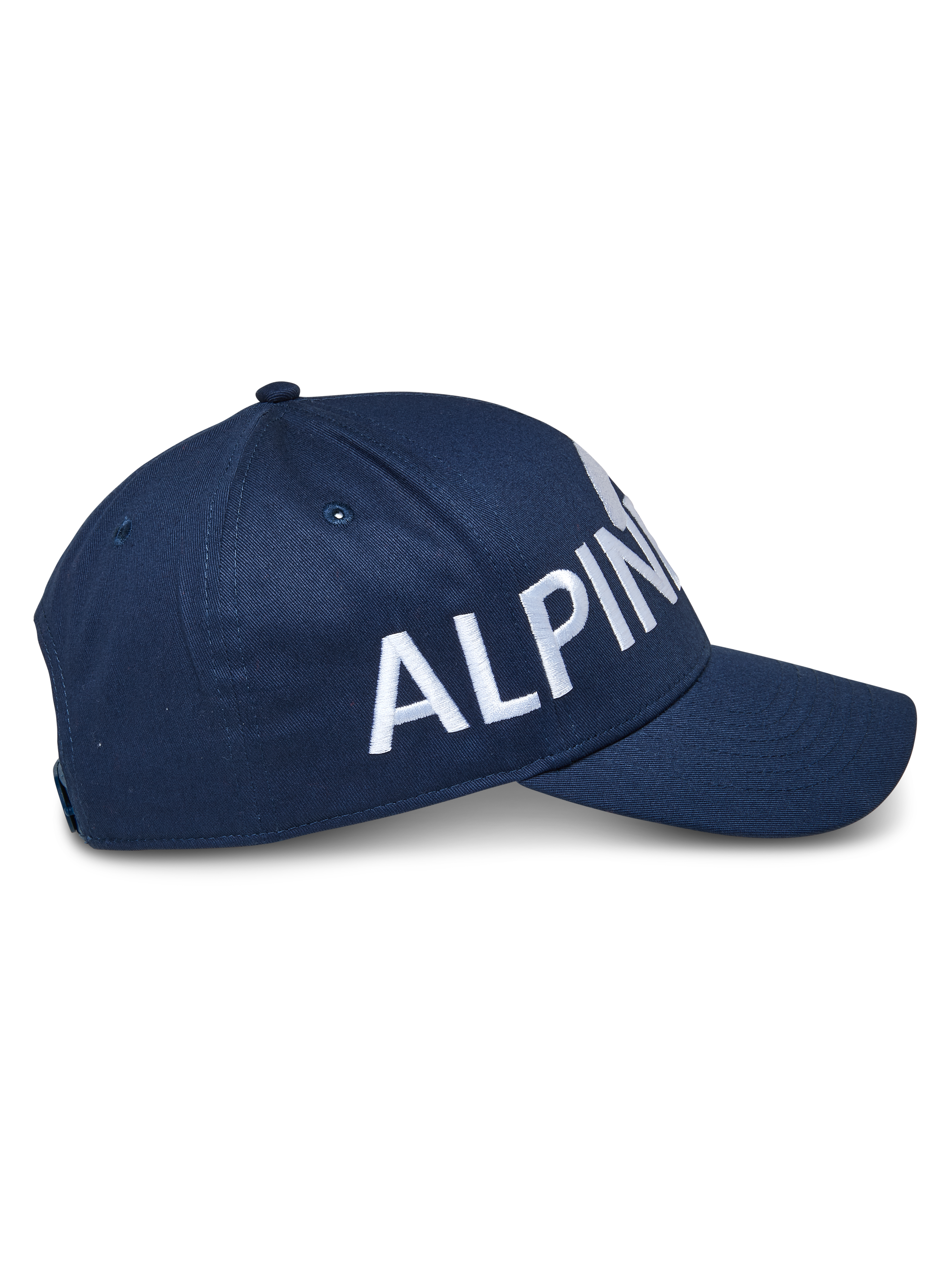 Alpinestars Committed Hat, granatowa czapka z daszkiem typu snapback, widok z boku z dużym białym haftowanym napisem, strukturalna korona z zakrzywionym daszkiem, wytrzymała tkanina twill, codzienne nakrycie głowy w stylu motorsportowym