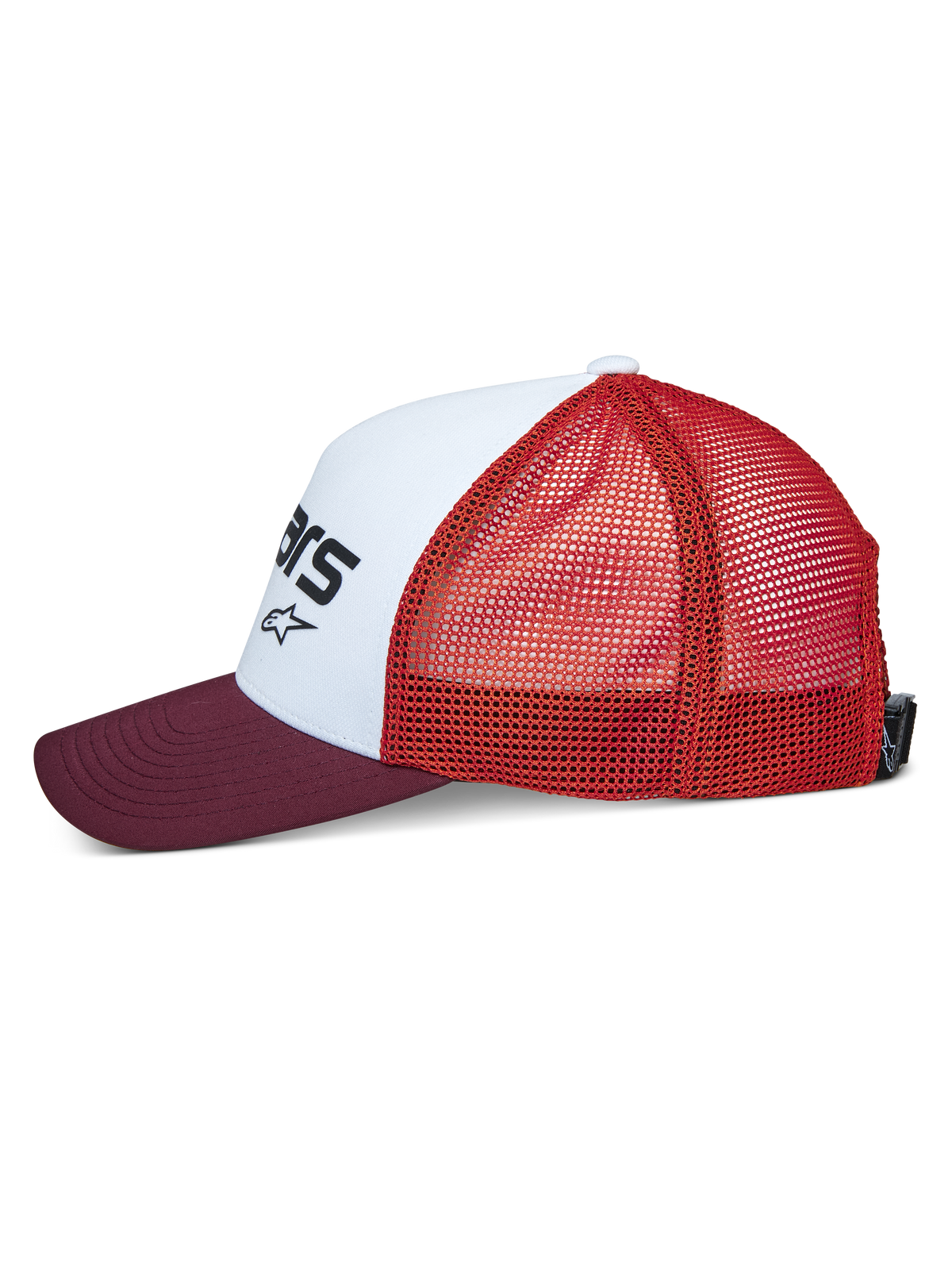 Alpinestars Vital Trucker Hat, widok z boku, biały usztywniony przedni panel z czarnym logo, bordowy zakrzywiony daszek, pomarańczowa siatka z tyłu, sportowe nakrycie głowy