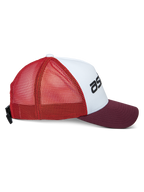 Alpinestars Vital Trucker Hat, casual trucker cap, White Maroon Orange, side profile view featuring a curved bill and mesh back, adjustable buckle closure, structured crown with black logo