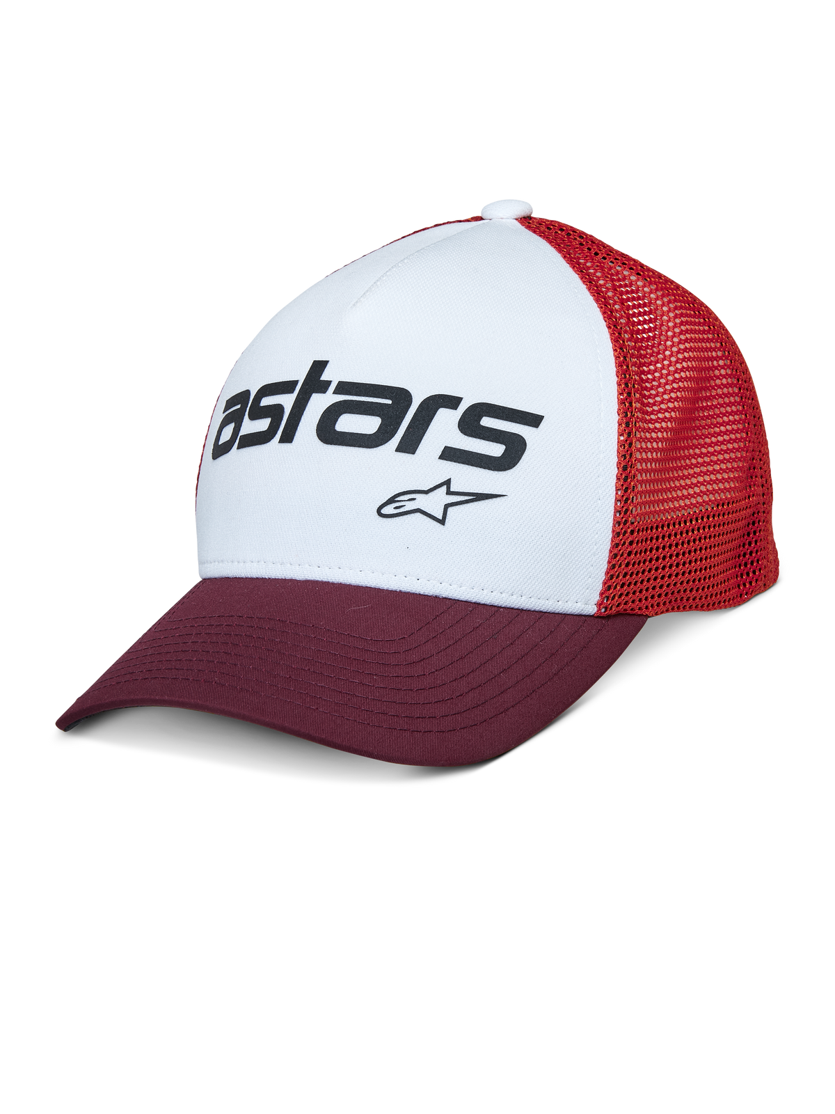 Alpinestars Vital Trucker Hat, white front panel with maroon curved bill and red mesh back, black Astars text logo, casual structured trucker cap with curved brim