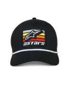 Alpinestars Selica Trucker Hat, czarna czapka typu trucker, z przodu haftowana naszywka z białym logo Astars i kolorowymi pasami, biały pleciony sznurek, zakrzywiony daszek, strukturalna korona, styl streetwear inspirowany motorsportem