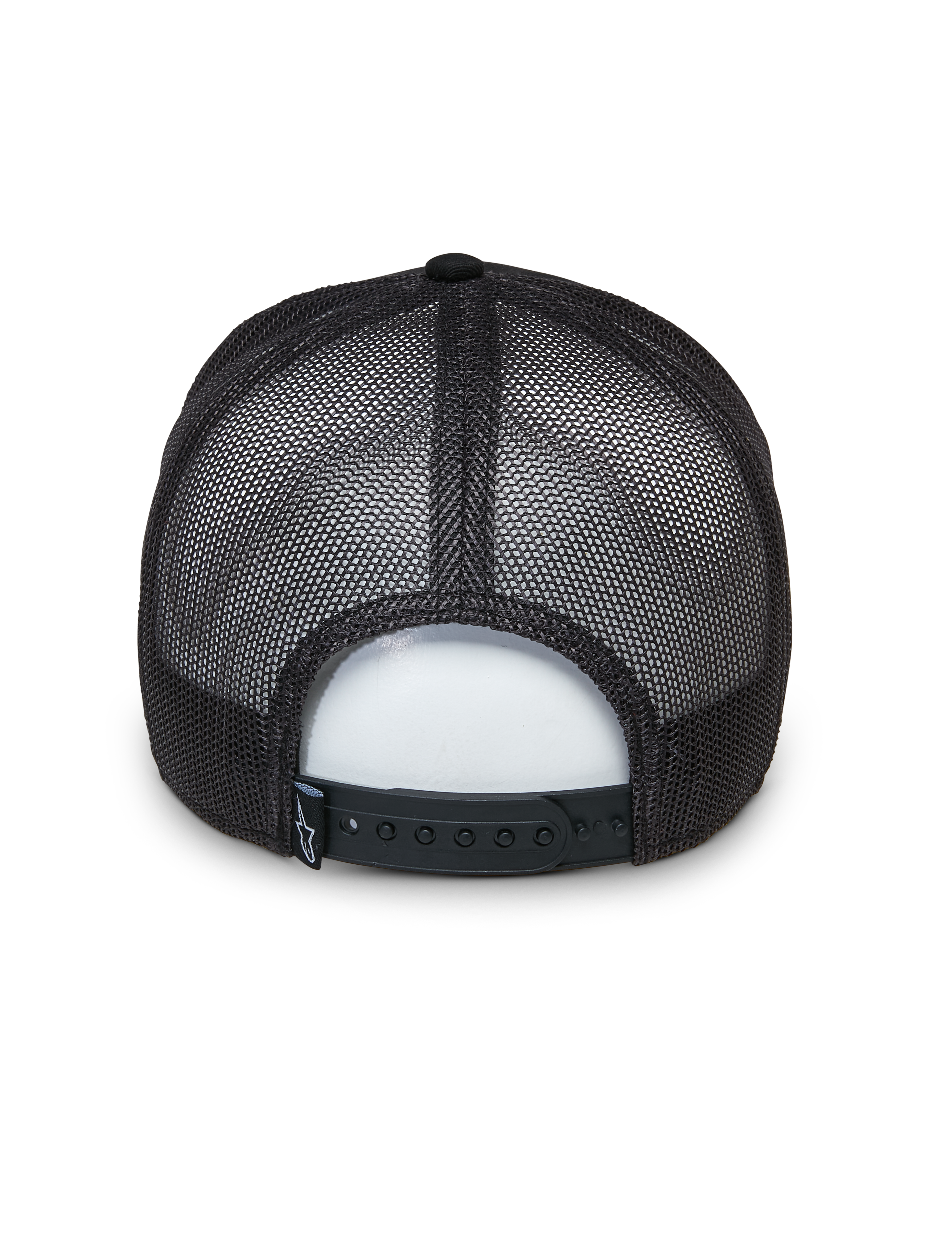 Alpinestars Selica Trucker Hat, czarna czapka typu trucker, widok z tyłu z oddychającymi panelami z siatki i regulowanym zapięciem snapback, mała tkana metka z logo, klasyczny design do codziennego noszenia