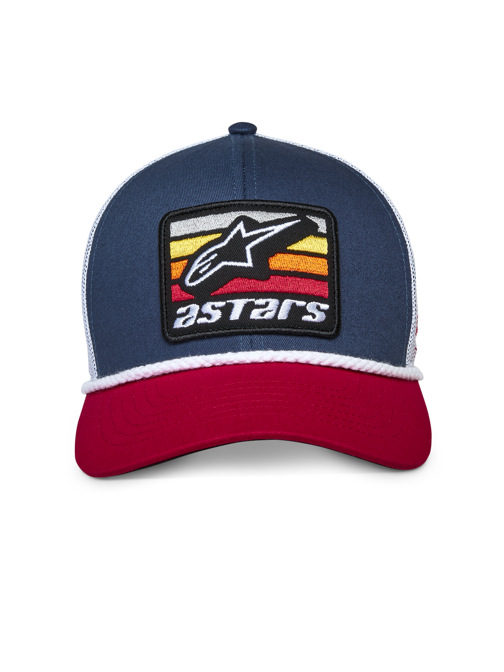 Czapka trucker Alpinestars Selica, granatowo-czerwono-biała, zakrzywiony czerwony daszek, granatowa usztywniana korona z białą siatką z tyłu, haftowana naszywka z logo Astars na przodzie i biały pleciony sznurek